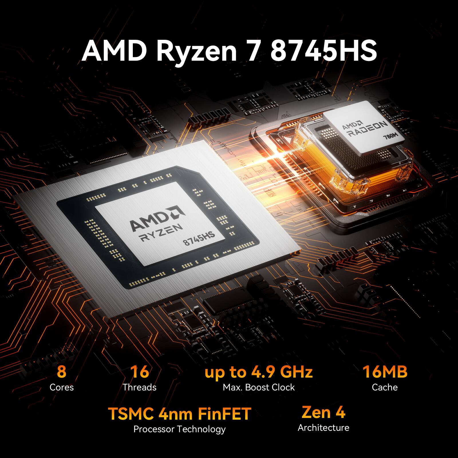 AMD Ryzen 7 8745HS
AMD Radeon 780M SEE
AMD Ryzen 8745HS
8 Cores
16 Threads
up to 4.9 GHz
16MB Cache
TSMC 4nm FinFET Processor Technology
Zen 4 Architecture