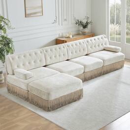 Anysun - 135" L-Shape Pet-Friendly Velvet Sofa - Chesterfield Style, Tassel Skirt, Curved Armrests, Free Combo for Living Room - White