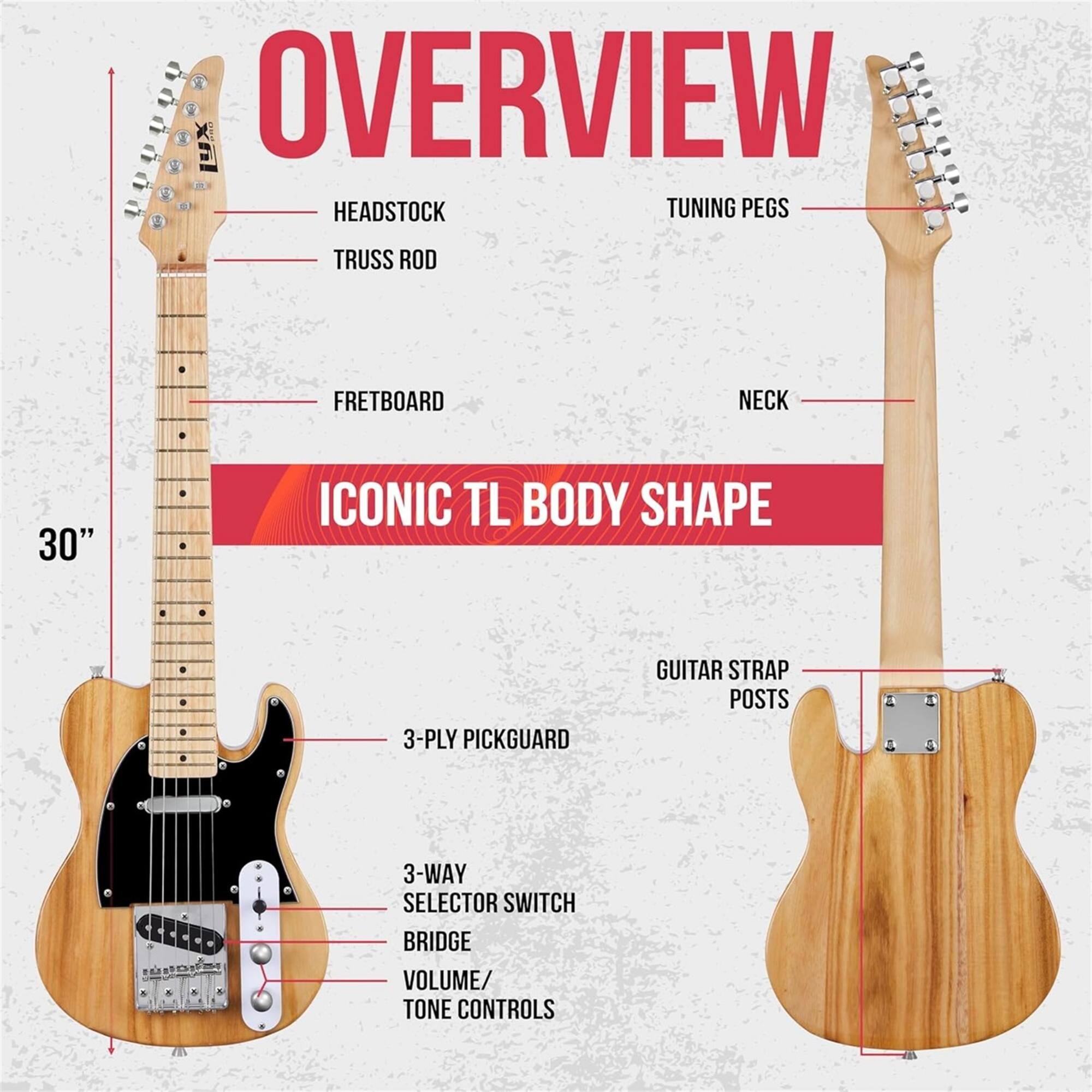 OVERVIEW, HEADSTOCK, TUNING PEGS, TRUSS ROD, FRETBOARD, NECK, 30", ICONIC TL BODY SHAPE, 3-PLY PICKGUARD, GUITAR STRAP POSTS, 3-WAY SELECTOR SWITCH, BRIDGE, VOLUME/TONE CONTROLS