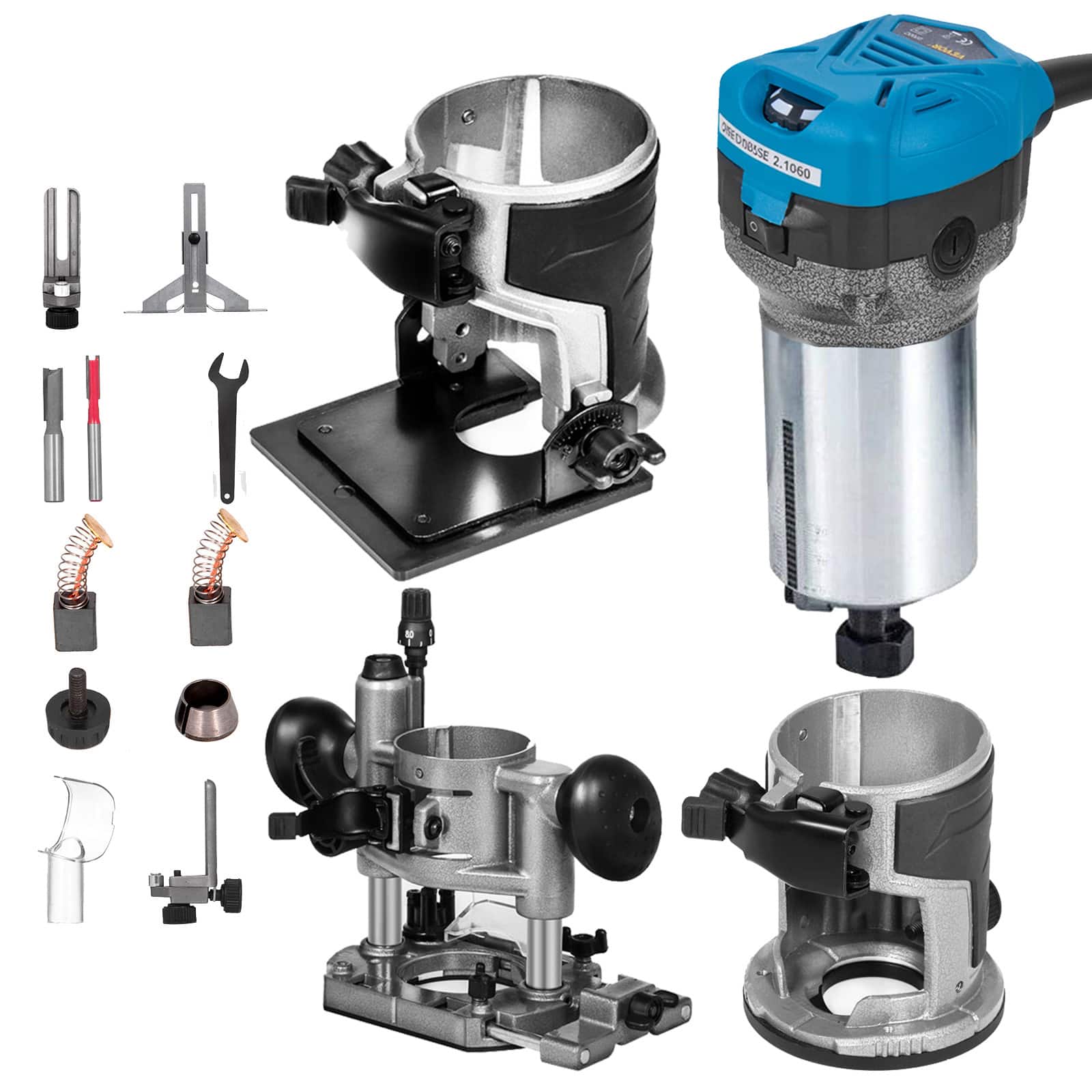 VEVOR - Compact Router 1.25HP With Fixed Base,Plunge Base and Tilt Base,Variable Speed Wood Router Kit Max Torque 30,000RPM 800W - Black;Silver;Blue