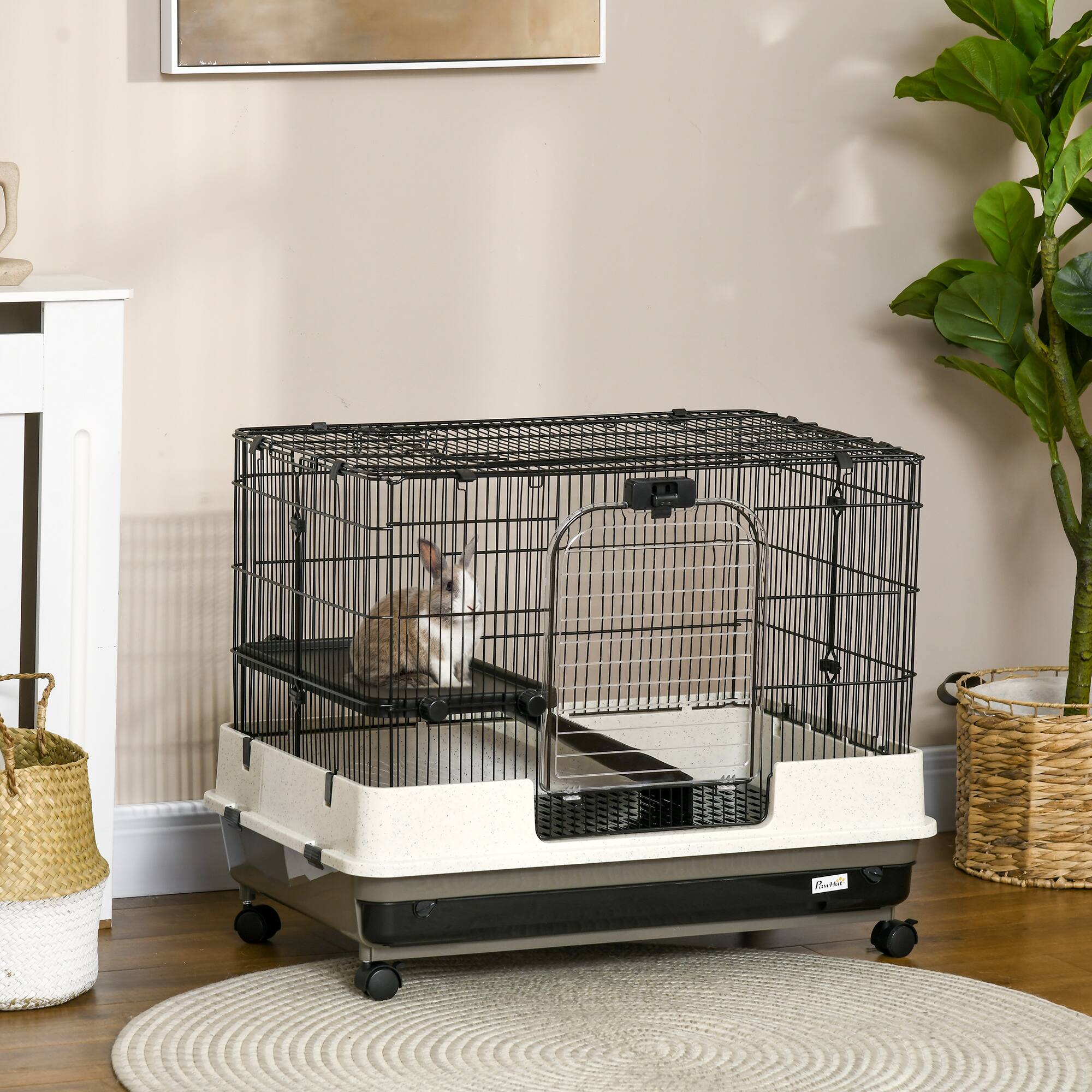 Angle. Pawhut - 26" Small Animal Cage with Wheels, 2-Level Portable Bunny Cage, Chinchilla, Removable Tray, Platform, Ramp.