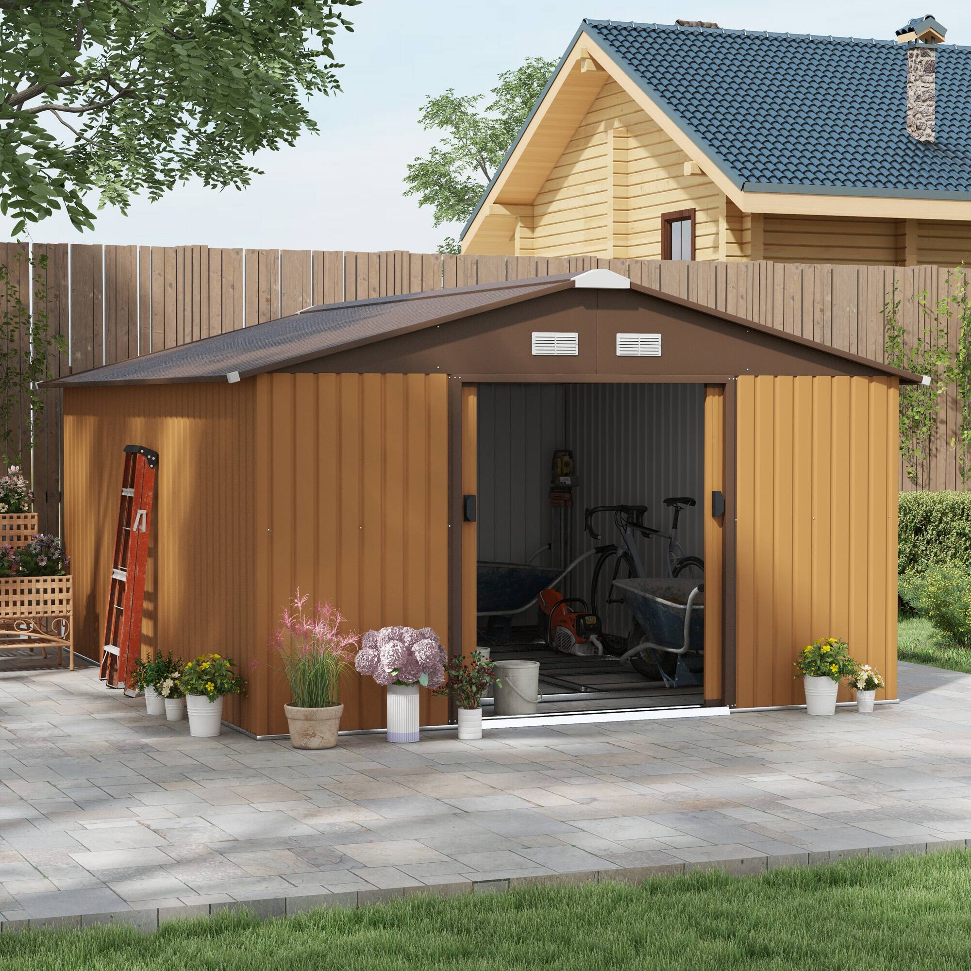 Alt View 1. Outsunny - 11' x 13' Outdoor Storage Shed, Garden Tool Metal Shed with Foundation Kit, Double Lockable Door.
