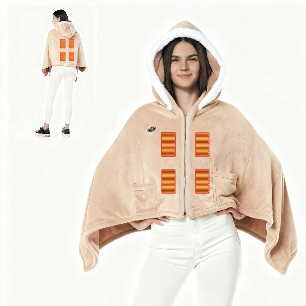 Angle. Loheer - Loheer Wearable Heated Throw Blanket Double-Sided Flannel Electric Hoodie Beige - Beige.