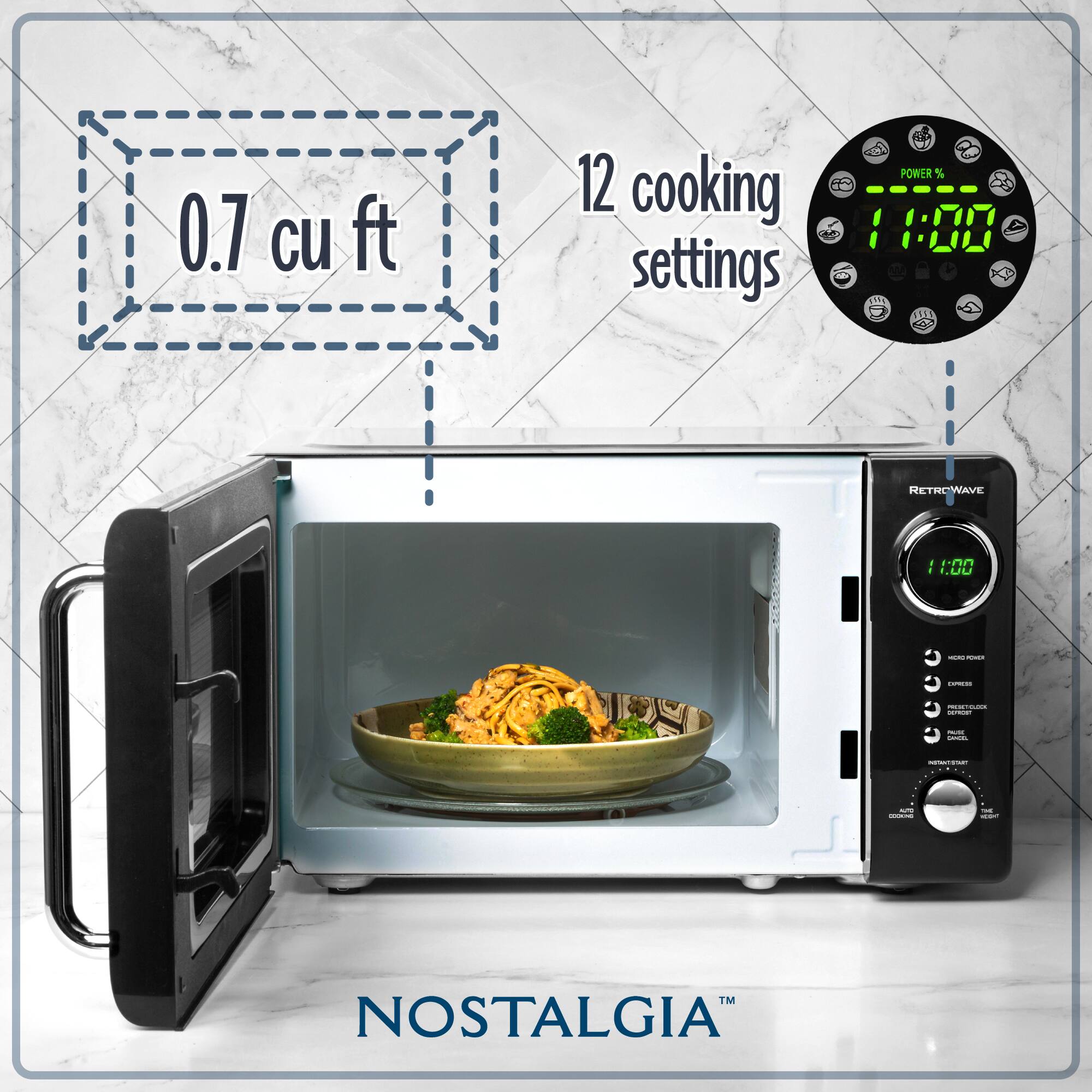 0.7 cu ft  
12 cooking settings  
POWER % 1:00  
RETROWAVE  
NOSTALGIA™