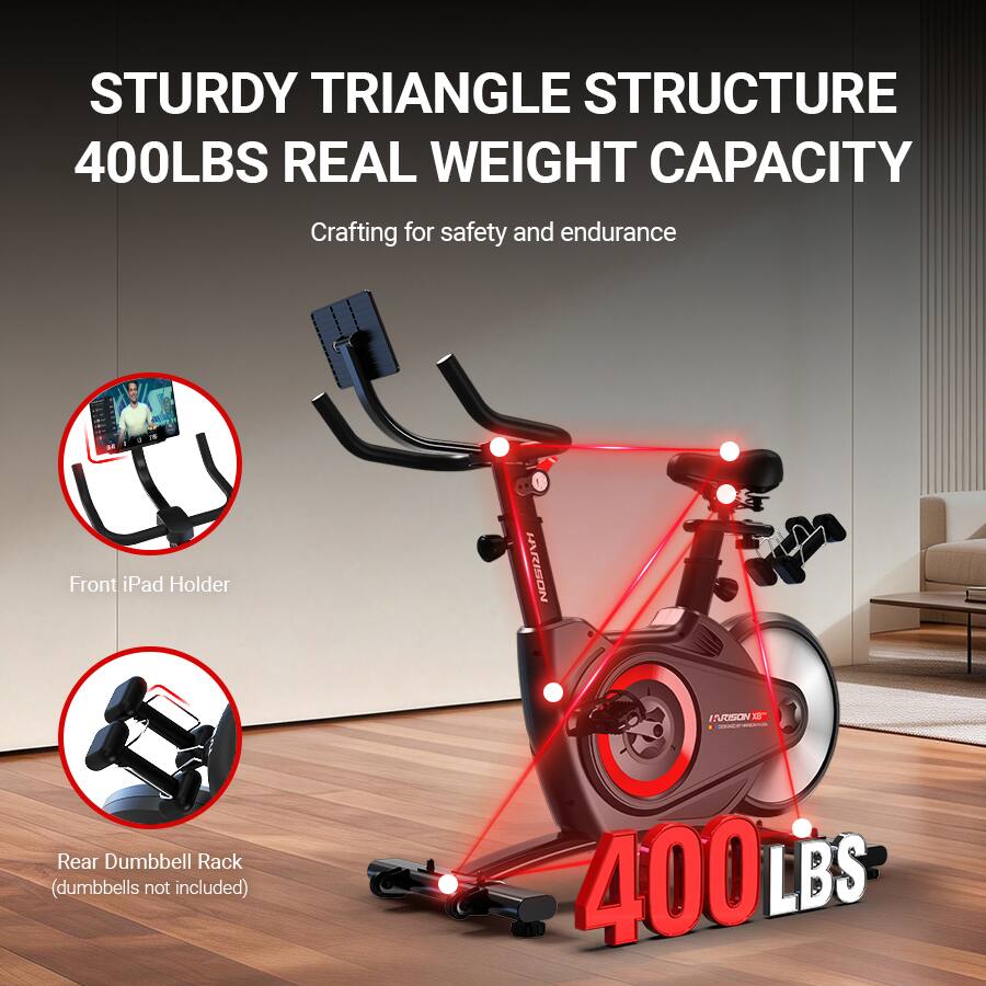 STURDY TRIANGLE STRUCTURE  
400LBS REAL WEIGHT CAPACITY  
Crafting for safety and endurance  

Front iPad Holder  

Rear Dumbbell Rack (dumbbells not included)  

400LBS