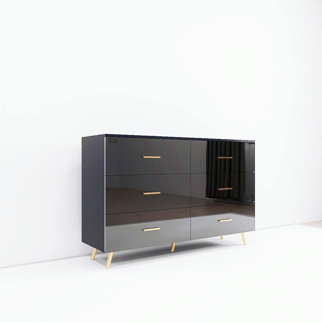 Alt View 4. APRILSOUL - High Glossy Surface 6 Drawers Chest of Drawer with Golden Handle and Golden Steel Legs Black Color Vanity - Black.