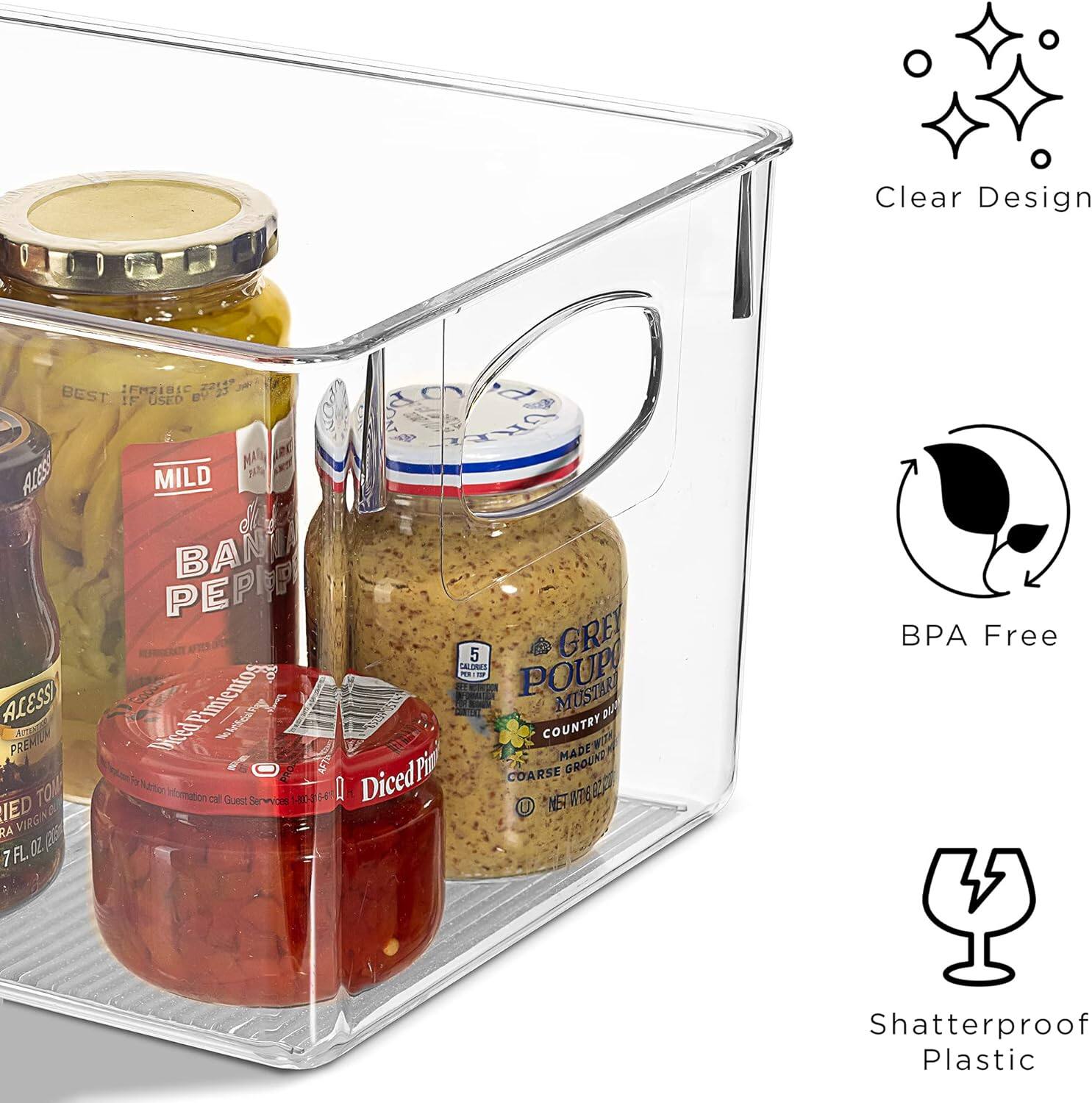 Clear Design  
BPA Free  
Shatterproof Plastic  

BEST IF USED BY  
MILD  
BANANA PEPPERS  
GREY POUPON  
Diced Pimientos  
COUNTRY  
PREMIUM  
COARSE GROUND  
MUSTARD  
7 FL OZ (207 mL)  
NET WT 7 OZ (198g)
