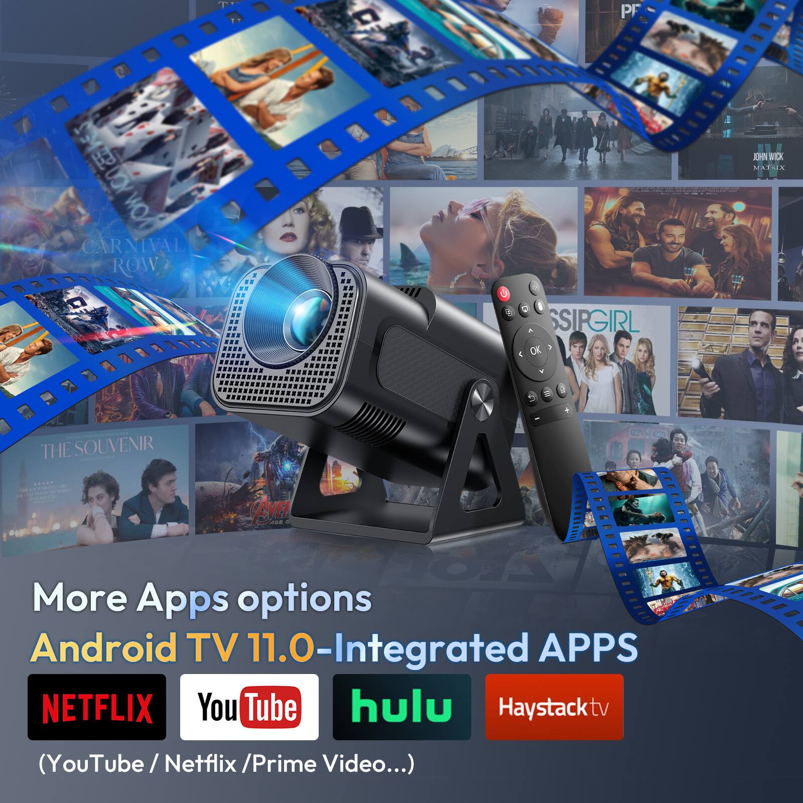 Sure, here is the corrected and grouped text:

---

**CARNIVAL ROW**  
**JOHN WICK MATSIA**  
**SSIRGIRL**  
**THE SOUVENIR**  

---

**More Apps options**  
**Android TV 11.0-Integrated APPS**  
**NETFLIX**  
**YouTube**  
**hulu**  
**Haystacktv**  
**(YouTube / Netflix / Prime Video...)**  

---