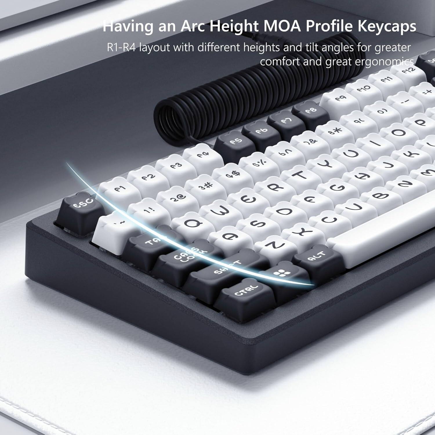 Having an Arc Height MOA Profile Keycaps R1-R4 layout with different heights and tilt angles for greater comfort and great ergonomics.