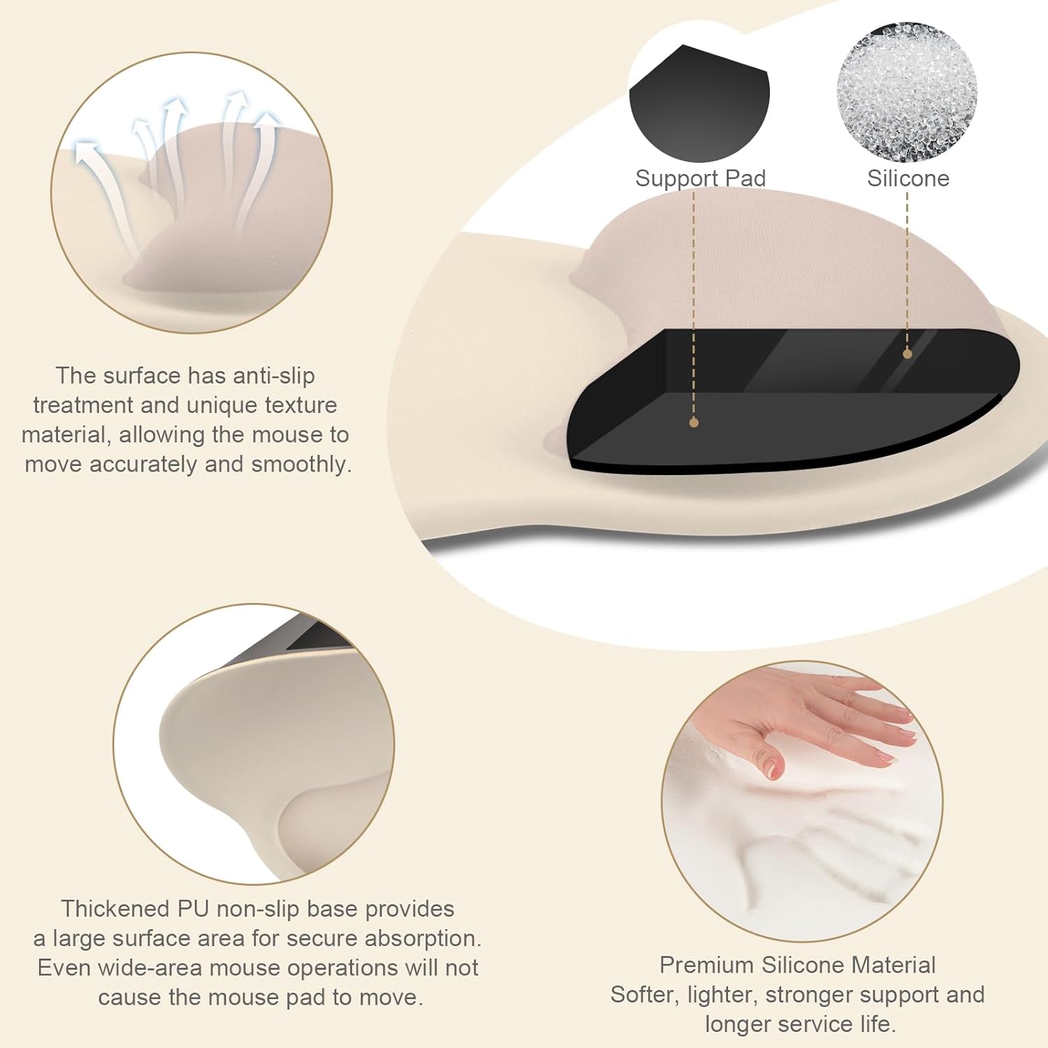 Support Pad Silicone

The surface has anti-slip treatment and unique texture material, allowing the mouse to move accurately and smoothly.

Thickened PU non-slip base provides a large surface area for secure absorption. Even wide-area mouse operations will not cause the mouse pad to move.

Premium Silicone Material
Softer, lighter, stronger support and longer service life.