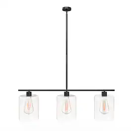 Jandcase - 3-Light Island Pendant Light, Clear Glass Shades E26 Socket, Non-Integrated Bulbs, for Kitchen Island - Black