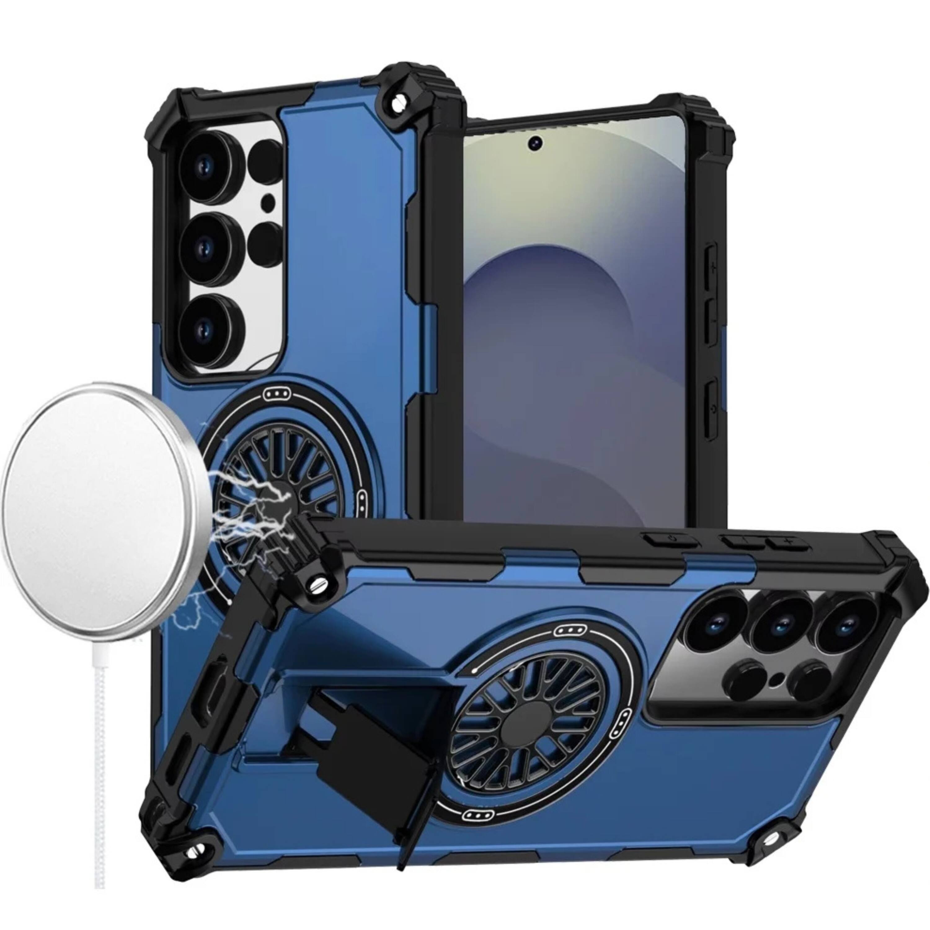 The image shows a blue and black phone case designed to resemble a DJ turntable.