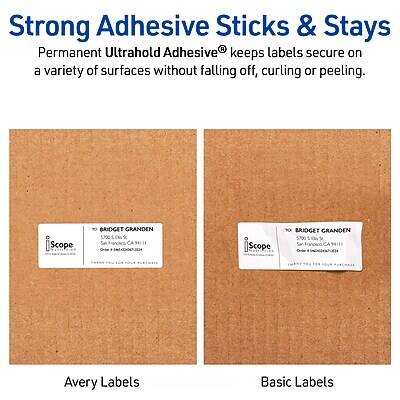 **Strong Adhesive Sticks & Stays**

Permanent Ultrahold Adhesive® keeps labels secure on a variety of surfaces without falling off, curling, or peeling.

---

**Avery Labels**

**Basic Labels**

---

**Scope TO BRIDGET GRANDEN 53001  
Ebe San Angnico CA 94:11**

**Scope OF BRIDGET GRANDEN 5300  
Els Sen Francios CA Orde**

---

**Avery Labels Basic Labels**