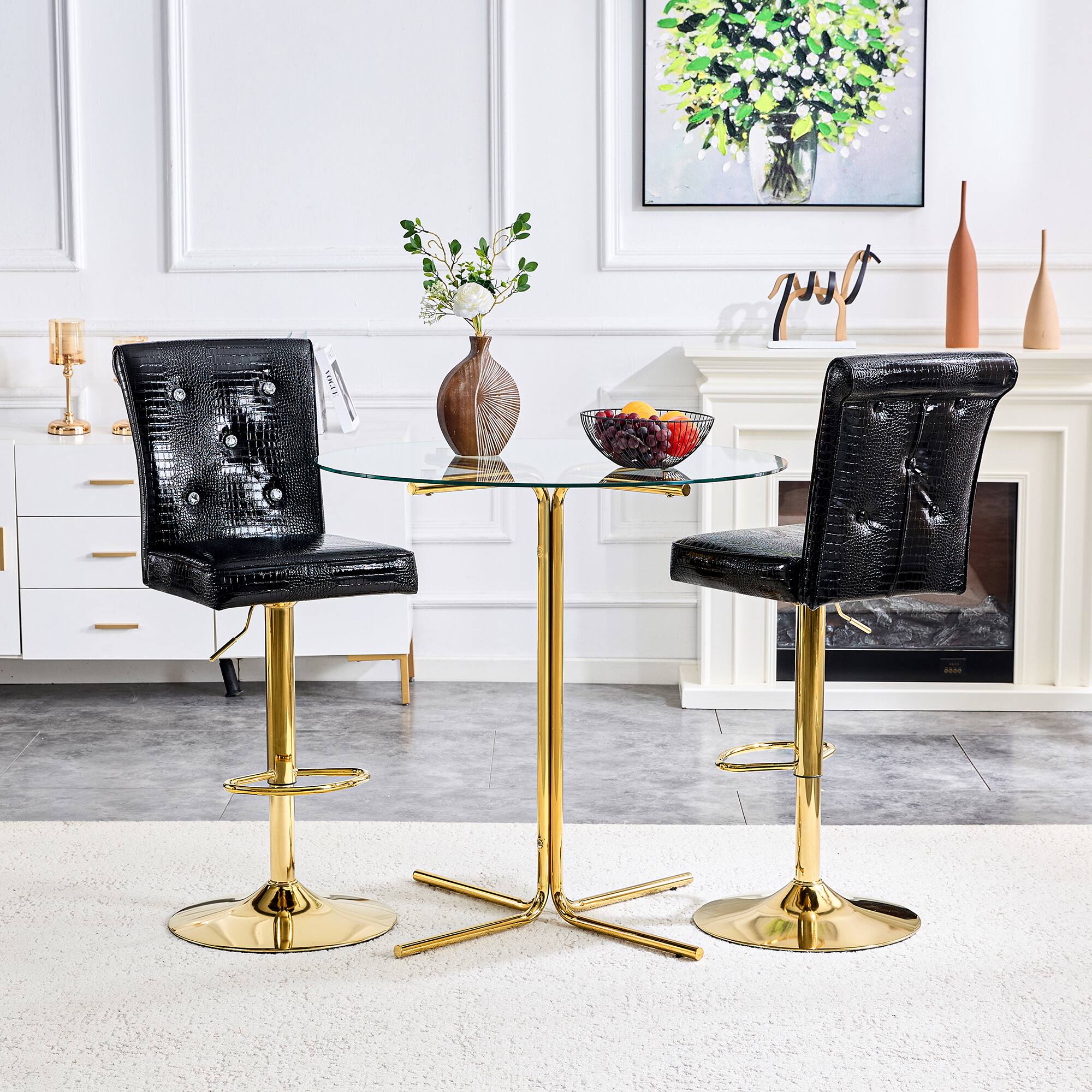 Angle. Anysun - Set of 2 Vintage Crocodile Leather Dining Chairs with Crystal Clasp, Faux Leather Lift Chairs for Home or Restaurant - Black,Gold.