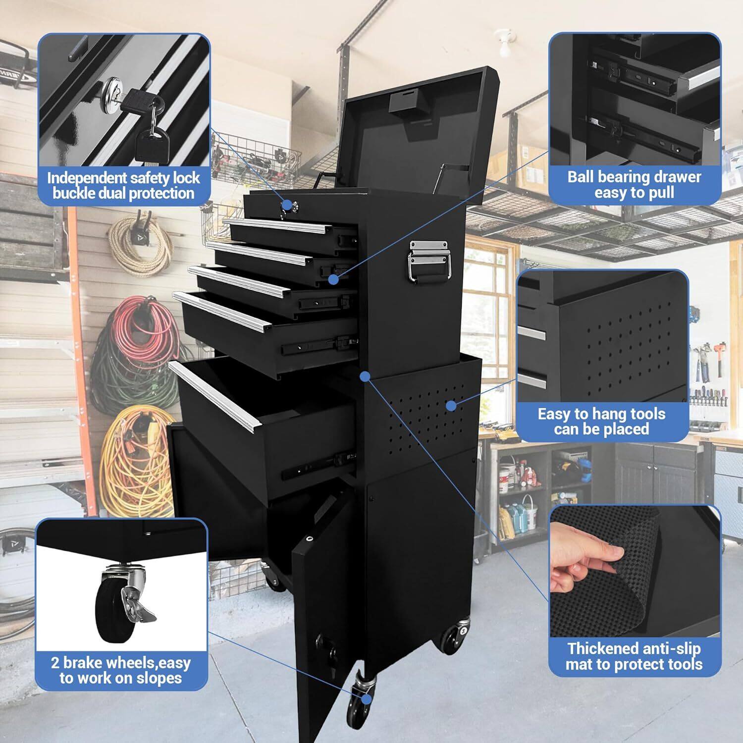 - Independent safety lock buckle dual protection
- Ball bearing drawer easy to pull
- 2 brake wheels, easy to work on slopes
- Easy to hang tools can be placed
- Thickened anti-slip mat to protect tools