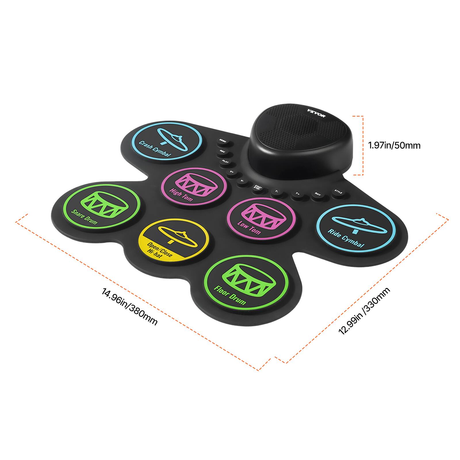 Crash Cymbal  
1.97in/50mm  

High Tom  
14.96in/380mm  

Snare Drum  

Low Tom  

Ride Cymbal  
12.99in/330mm  

Floor Drum  

Open/Closed Hi-Hat  

1.97in/50mm  
14.96in/380mm  
12.99in/330mm