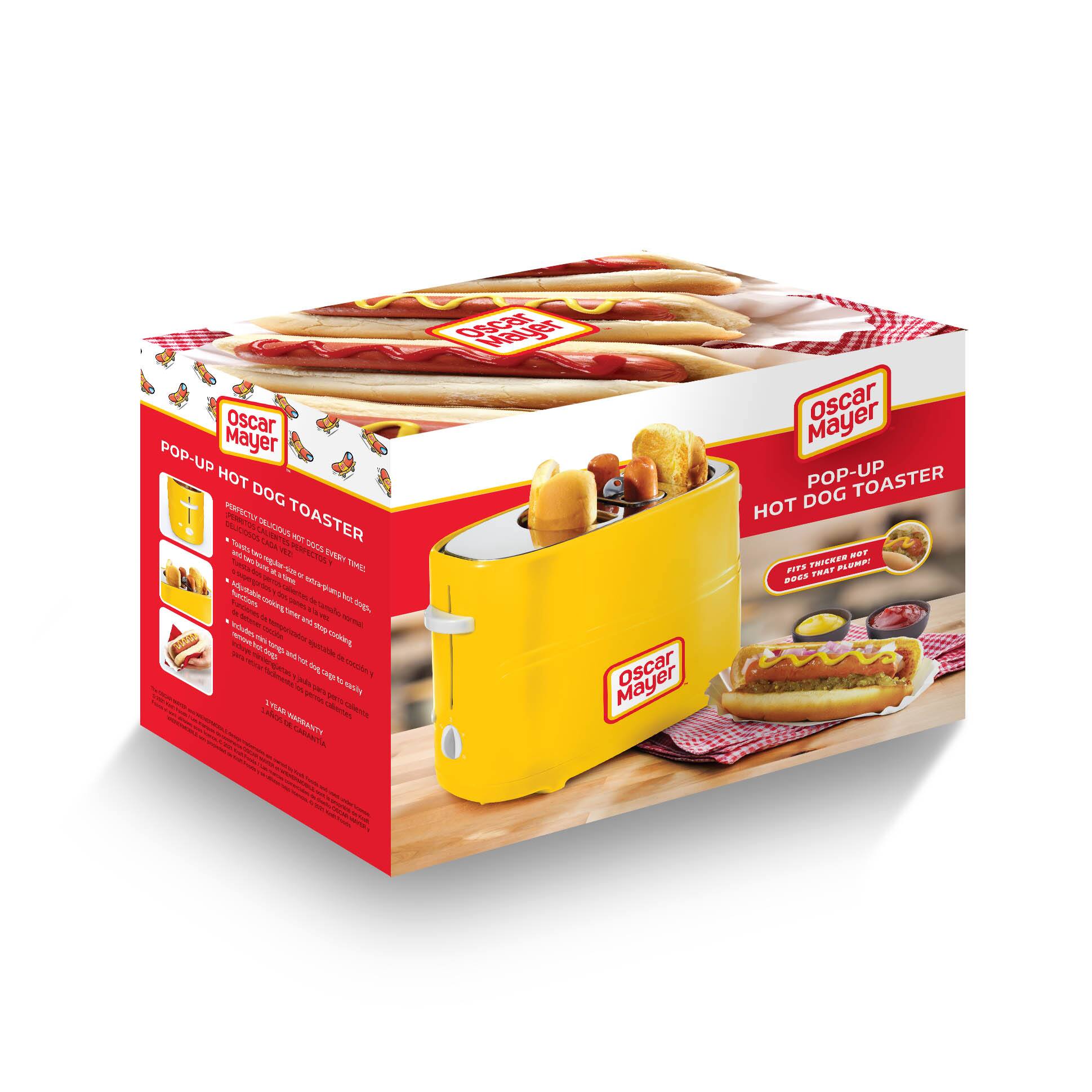 Oscar Mayer POP-UP HOT DOG TOASTER

- Perfectly bakes hot dogs every time
- Fits thicker hot dogs that plump
- Adjustable cooking and stop-cooking buttons
- Includes a hot dog holder to keep hot dogs easy to reach
- 1-year warranty

Oscar Mayer POP-UP HOT DOG TOASTER