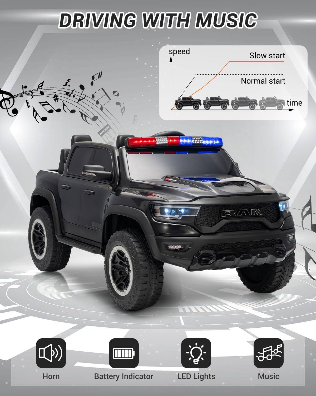 DRIVING WITH MUSIC

- speed
- Slow start
- Normal start
- time

- RAM
- Horn
- Battery Indicator
- LED Lights
- Music