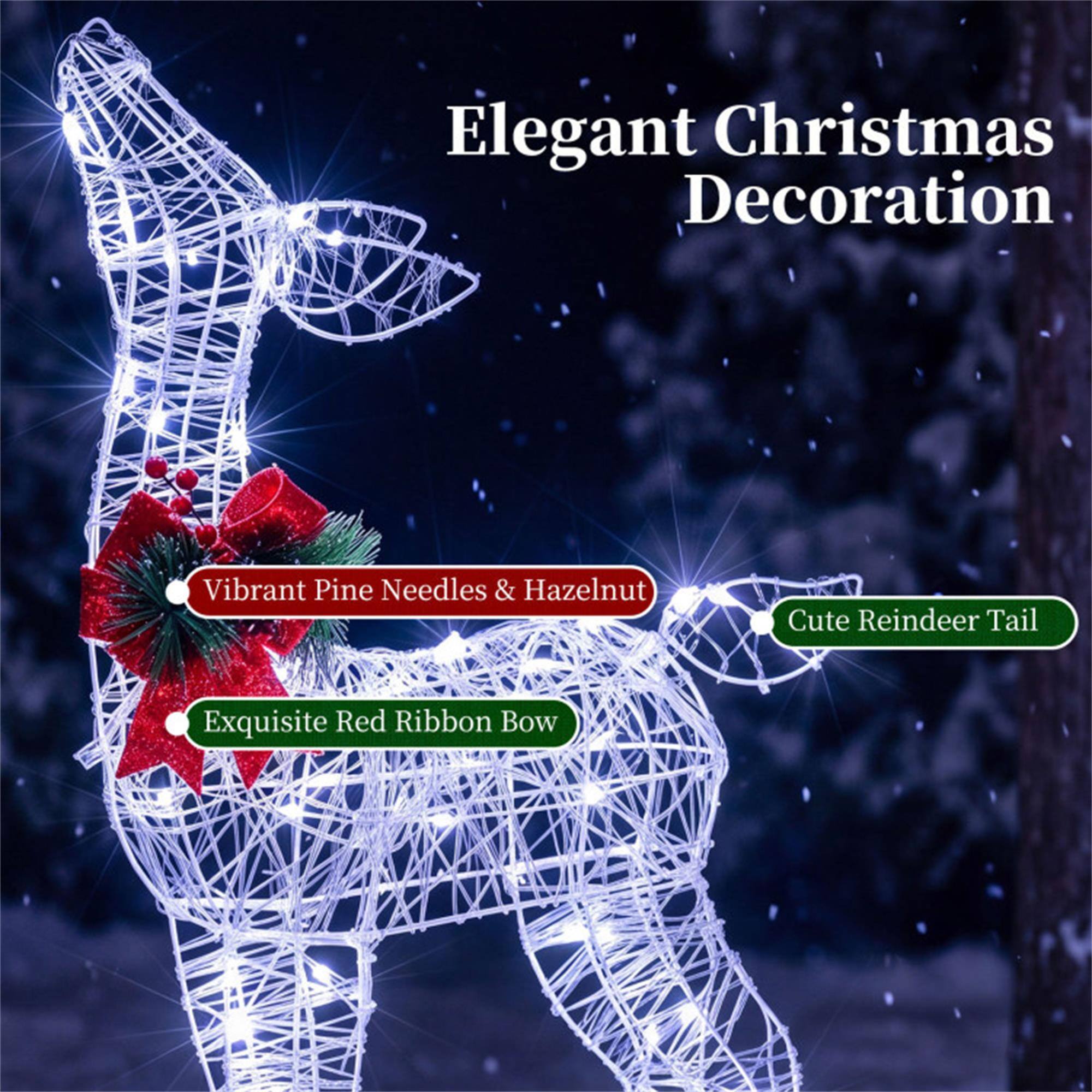 Elegant Christmas Decoration

- Vibrant Pine Needles & Hazelnut
- Exquisite Red Ribbon Bow
- Cute Reindeer Tail