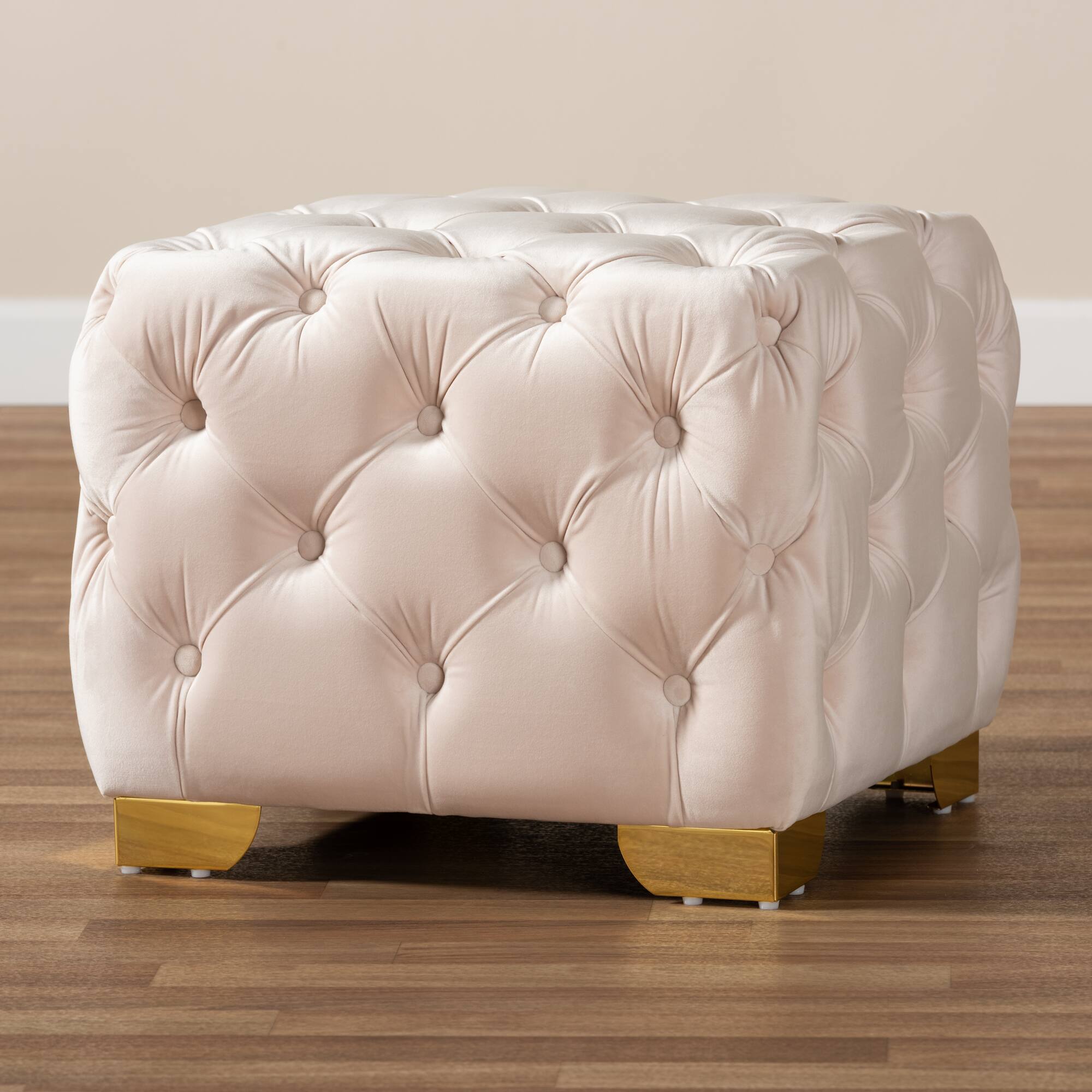Alt View 2. Baxton Studio - Avara Glam and Luxe Velvet Fabric Upholstered Gold Finished Button Tufted Ottoman - Light Beige/Gold.
