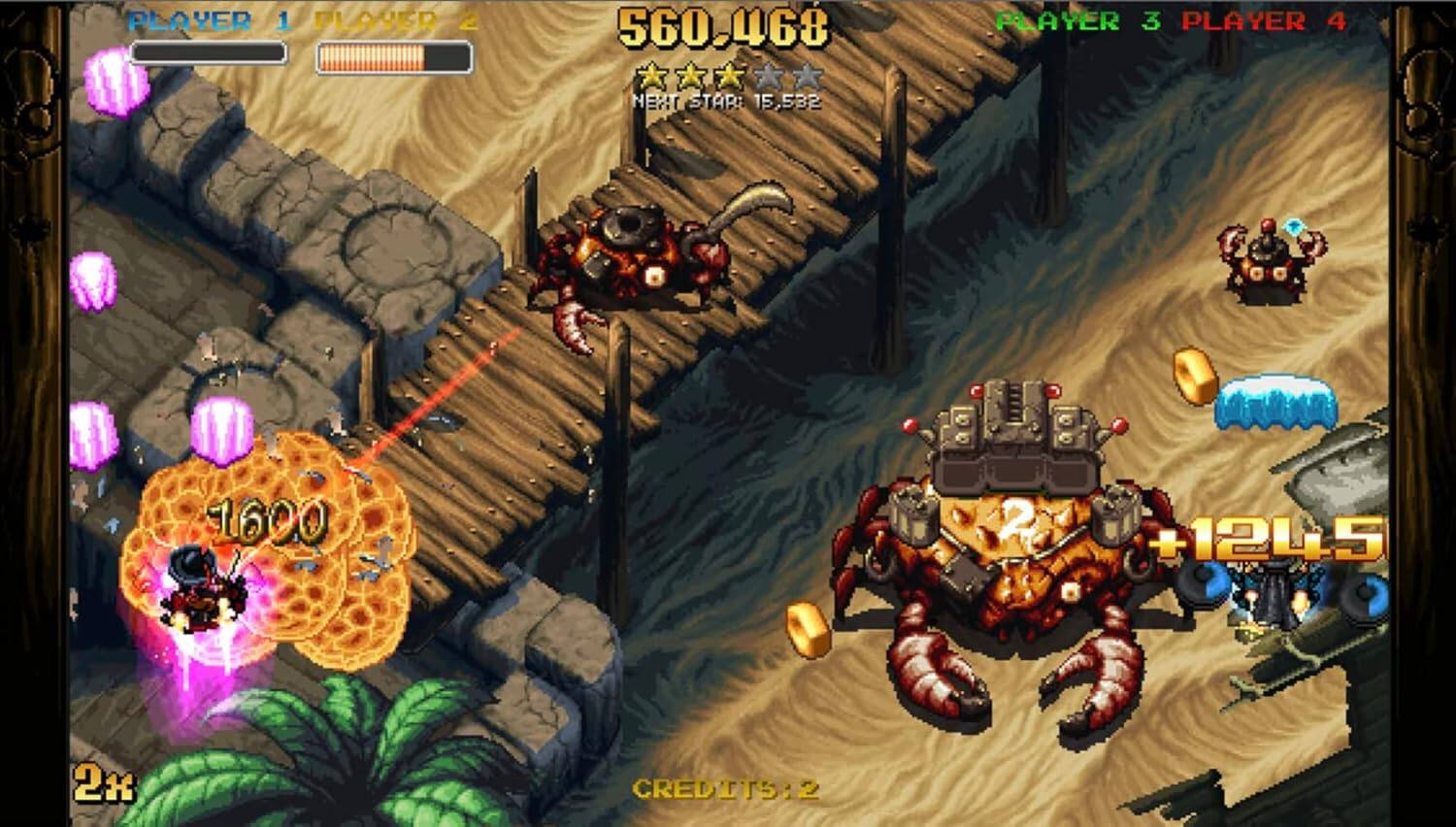 PLAYER 1 PLAYER 2  
560,468  
NEXT STAR: 15,582  
HEALTH STAR: 15,582  

PLAYER 3 PLAYER 4  

1600  
+1245  

2x  
CREDITS: 2