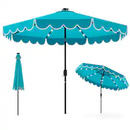 Gymax - 9.3 FT Solar Patio Umbrella w/ 32 LED Lights & Vented Top & Ruffles Beige - Turquoise