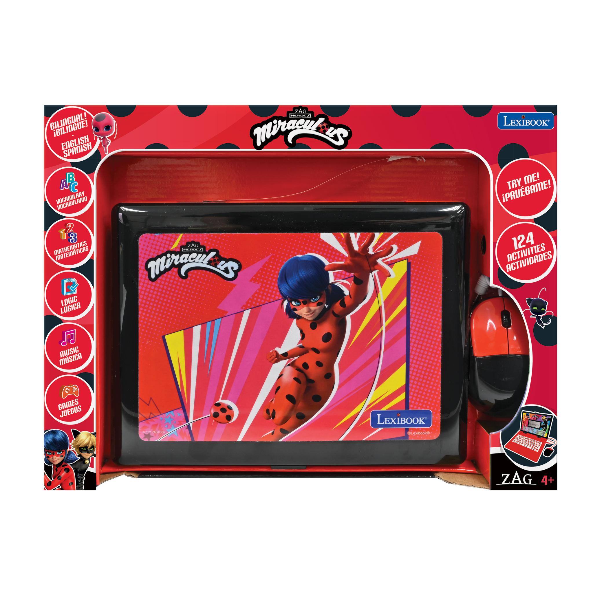 BILINGUAL! ENGLISH SPANISH  
A C MET VOCAOE NOO VOCIBER 12 3 RTHESTS mAr S 1 00 JCKS  
tN LOGIC LOGICA ZAG FRIK Miraculus SAL PA3 Miracules LEXIBOOK TRY ME! PRUEBAME! 124 ACTIVITIES ^ MUSIC MUSICA GAMES JUEGOS  
LEXIBOOK pobocds ZAG 4+