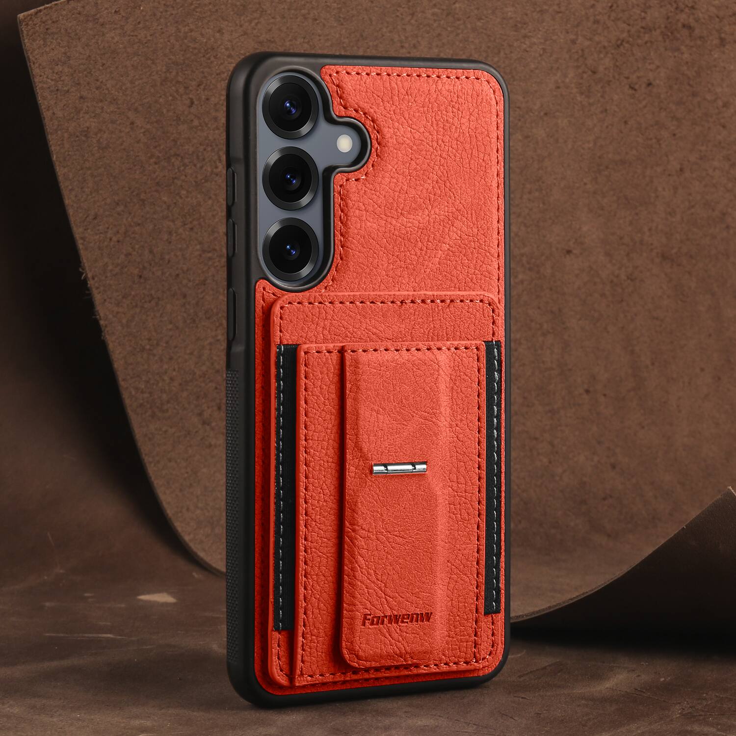Left. Dteck - Slim Card Holder Case for Samsung Galaxy S24, Shockproof Wallet Protective Cover with Kickstand - Orange.