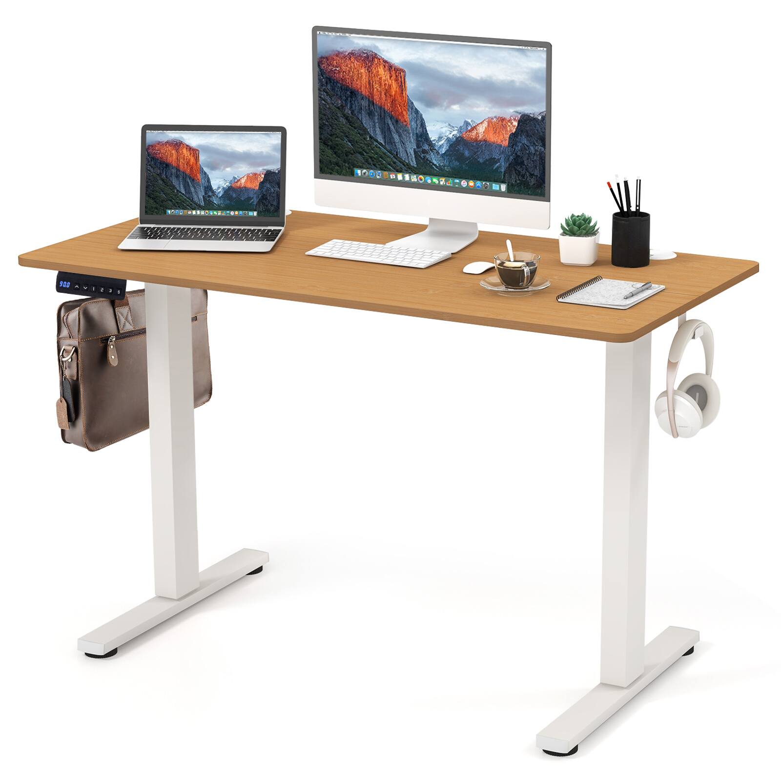 Costway - 48" x 24" Electric Standing Desk Height Adjustable Computer Desk with 2 Hanging Hooks & Cable Management - Natural