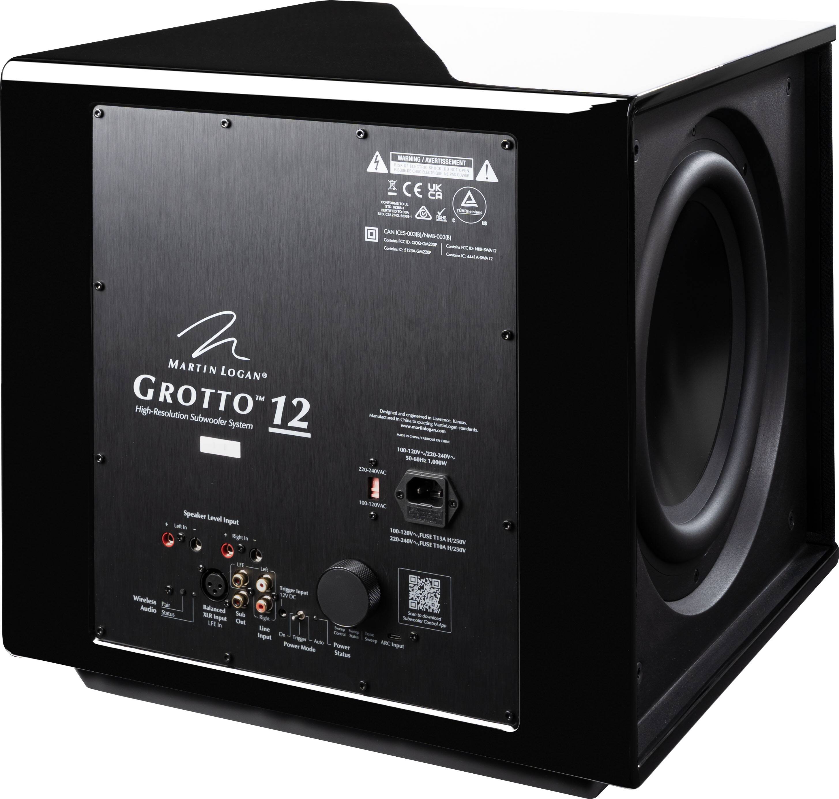 **WARNING / AVERTISSEMENT**

**CE UK CA**

**CAN ICES-008/H**

**MARTIN LOGAN GROTTO 12**

**High-Resolution 12 Subwoofer System**

**Speaker Level Input**
- Left
- Right

**Wireless Audio**
- Pair
- Audio

**Subwoofer Input**
- LFE
- High

**Power Mode**
- Auto
- On

**Power Status**

**AC Input**

**FUSE**
- FUSE 1: 10A 250V
- FUSE 2: 10A 250V

**Specifications:**
- 100-120V~ 50/60Hz
- 220-240V~ 50/60Hz
- 100-120V~ 50/60Hz
- 220-240V~ 50/60Hz

**Dimensions:**
- 10.5" x 19.5" x 19.5"

**Weight:**
- 100 lbs

**Model