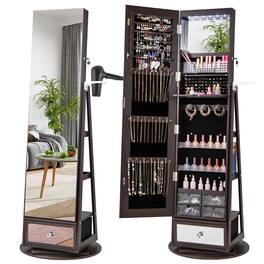 Gymax - 360° Swivel Jewelry Cabinet w/ Mirror Jewelry Storage Organizer Built-in Lights - Dark Brown