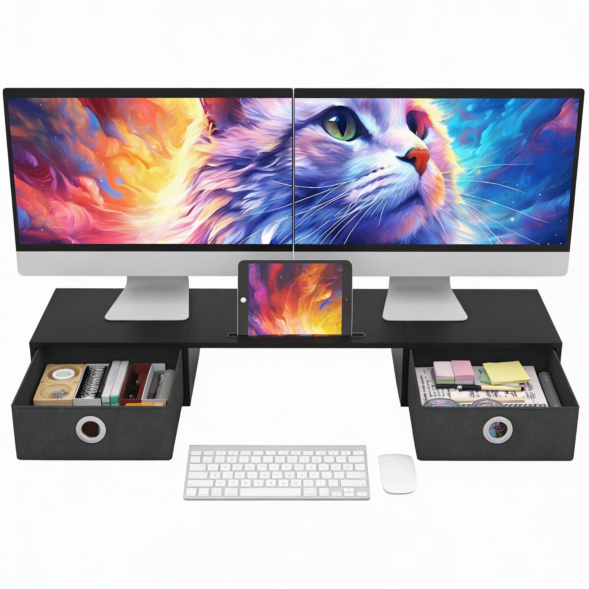 Frangdom - Dual Monitor Stand Riser with Drawers 2 Monitors - Black