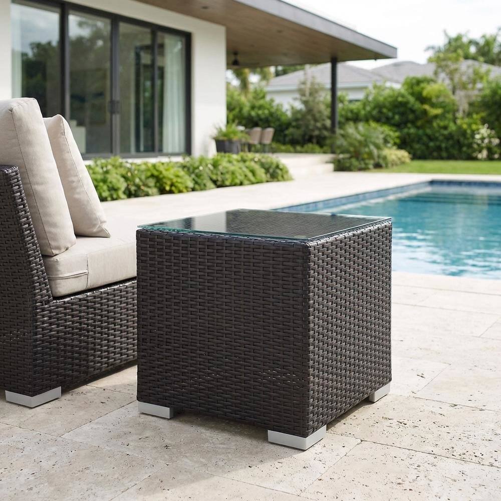 Left. Outdoor Escape - Round Outdoor Side Table With Modern Design For Patio Use - Brown.