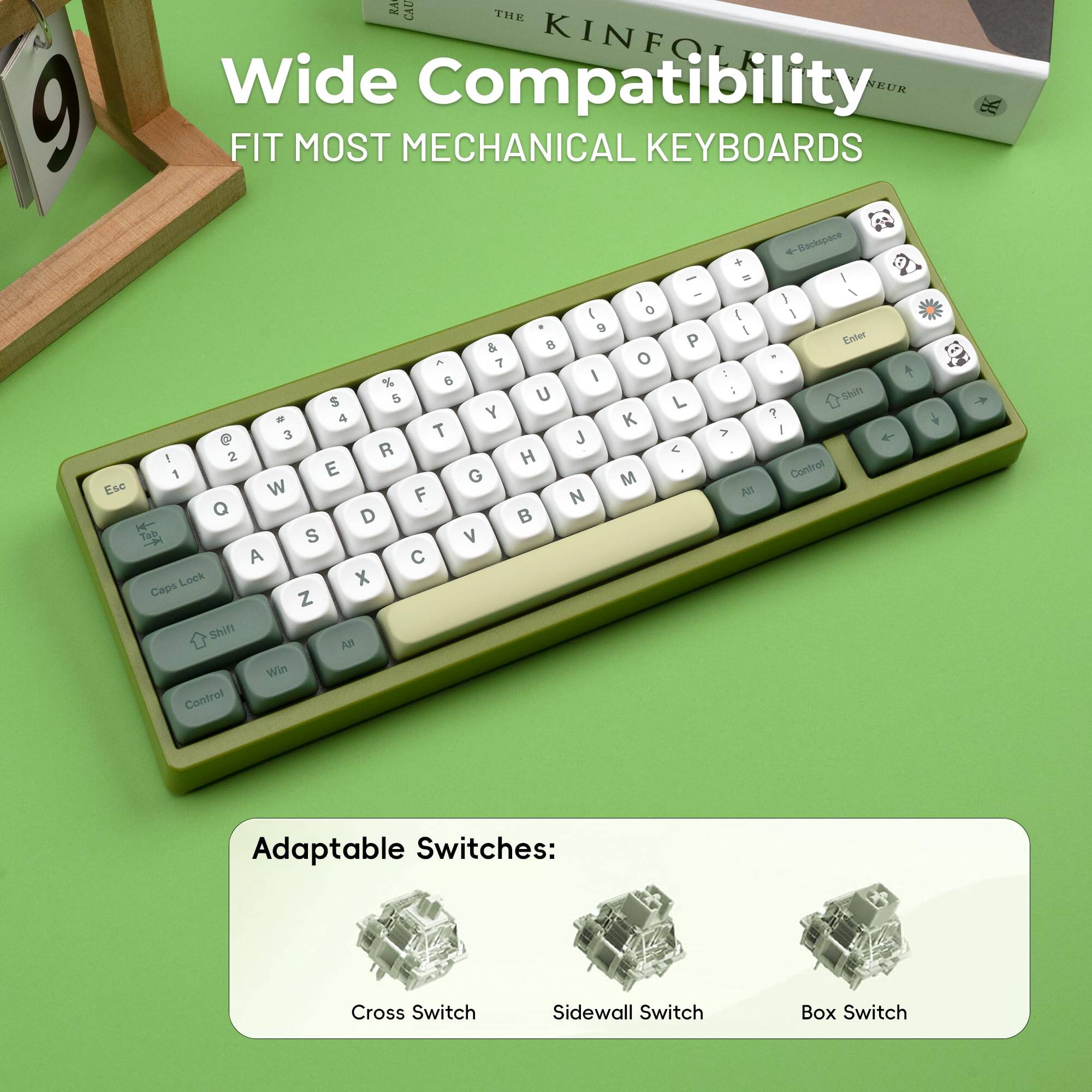 RA Cau The KINFOL Wide Compatibility VEUR 9 FIT MOST MECHANICAL KEYBOARDS

Backspace + I - - I - I I ( O 1 I  E  P Enter & A 7 o I :  % 6 U : Shith $ 5 L - 4 Y K ?  3 T V - . J R < 1 2 H 1 E G M Control Ese W F All N Q D  - Teb  S V A C Lock X Capo Z Shift Al Win Control Adaptable Switches: Cross Switch Sidewall Switch Box Switch

Wide Compatibility
FIT MOST MECHANICAL KEYBOARDS

Adaptable Switches:
Cross Switch
Sidewall Switch
Box Switch