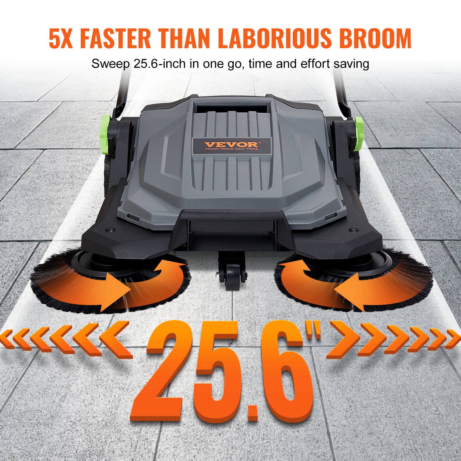 5X FASTER THAN LABORIOUS BROOM  
Sweep 25.6-inch in one go, time and effort saving  

VEVOR  

25.6"