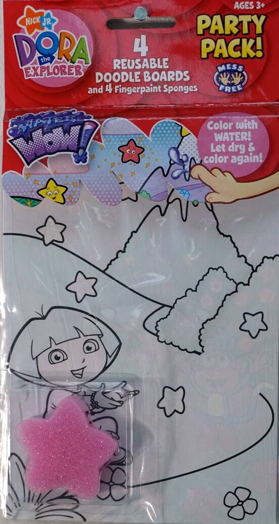 AGES 3+  
NICK JR. DORA THE EXPLORER  
4 REUSABLE DOODLE BOARDS and 4 Fingerpaint Sponges  
PARTY PACK!  
MESS FREE  
Color with WATER! Let dry & color again!