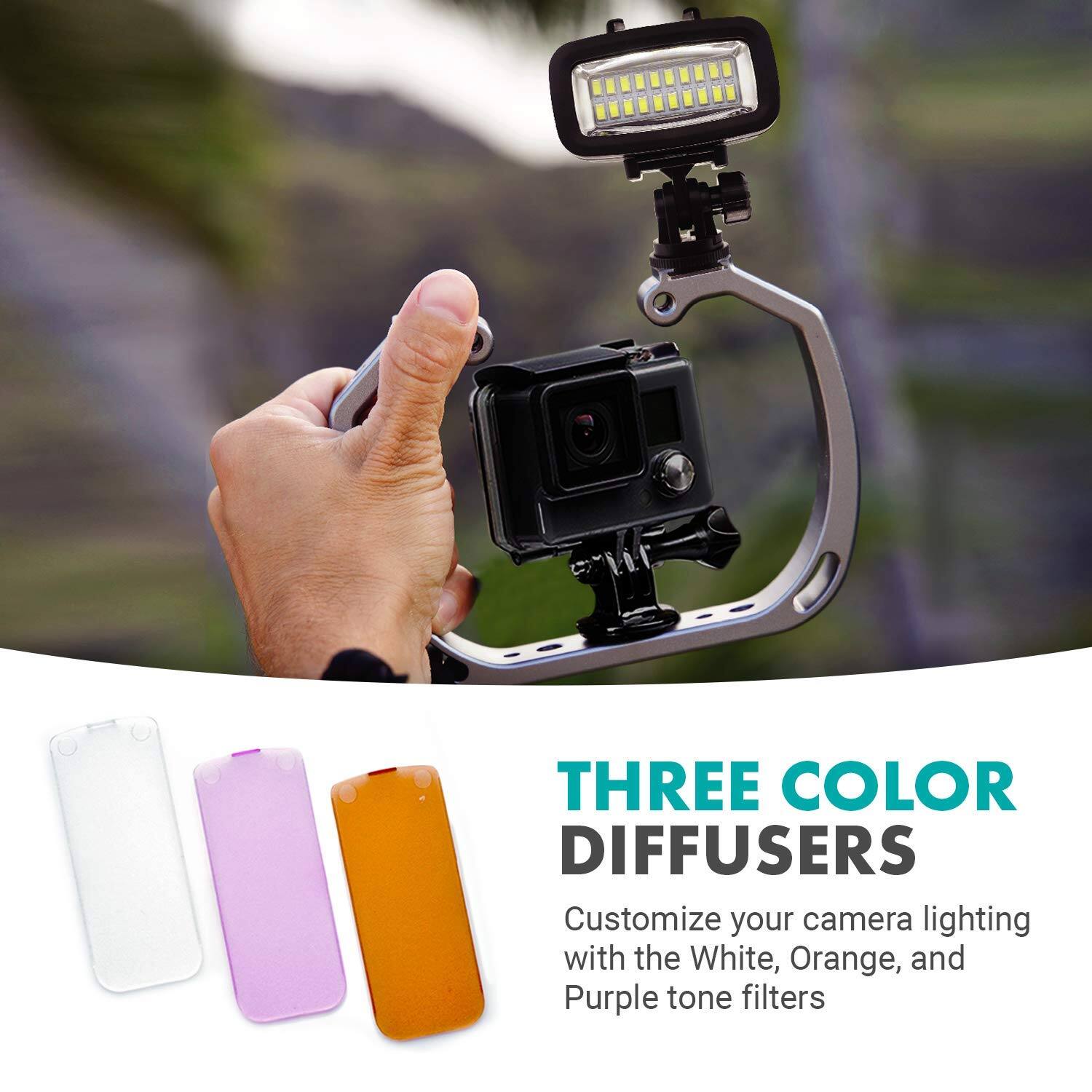 THREE COLOR DIFFUSERS

Customize your camera lighting with the White, Orange, and Purple tone filters