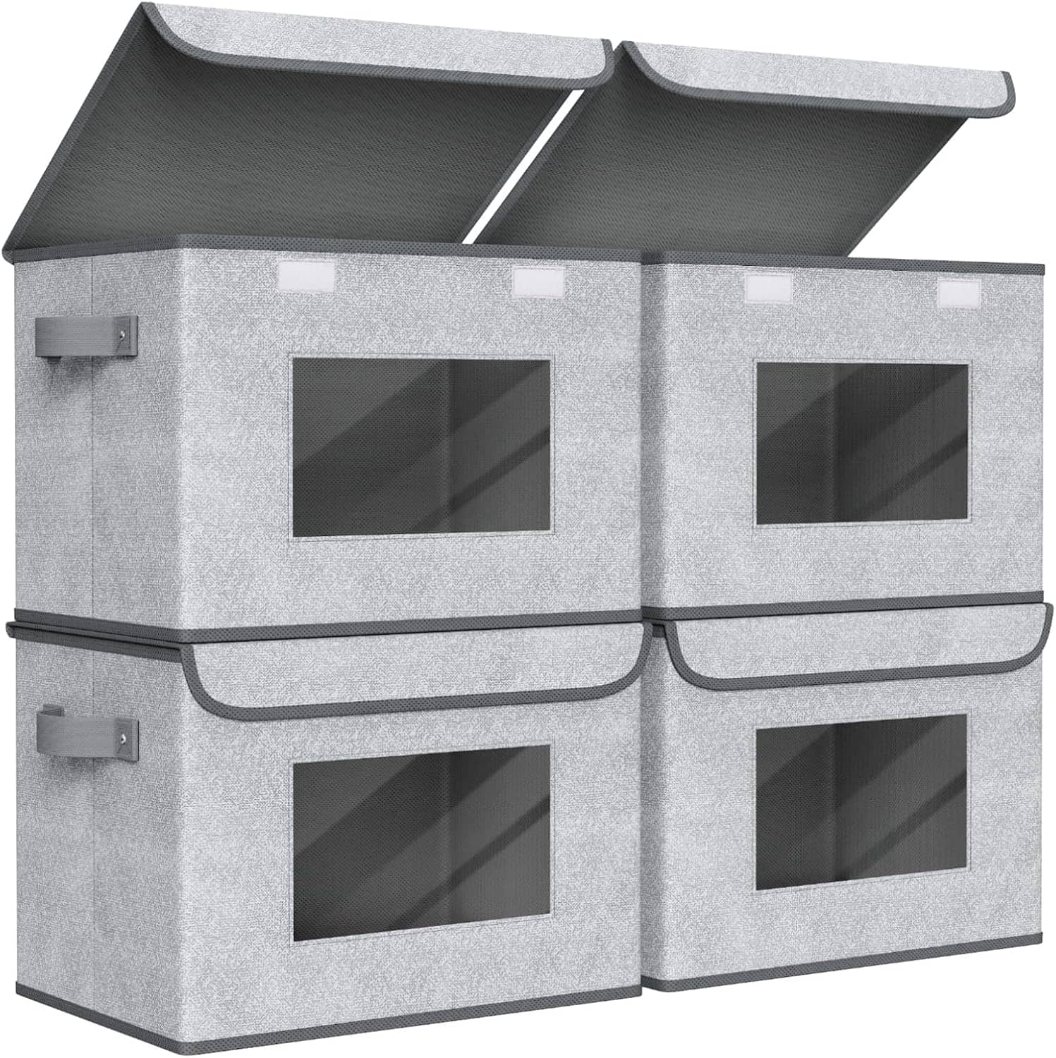 RTMB - Large Gray Fabric Storage Bins with Lids, 4-Pack, Foldable & Stackable