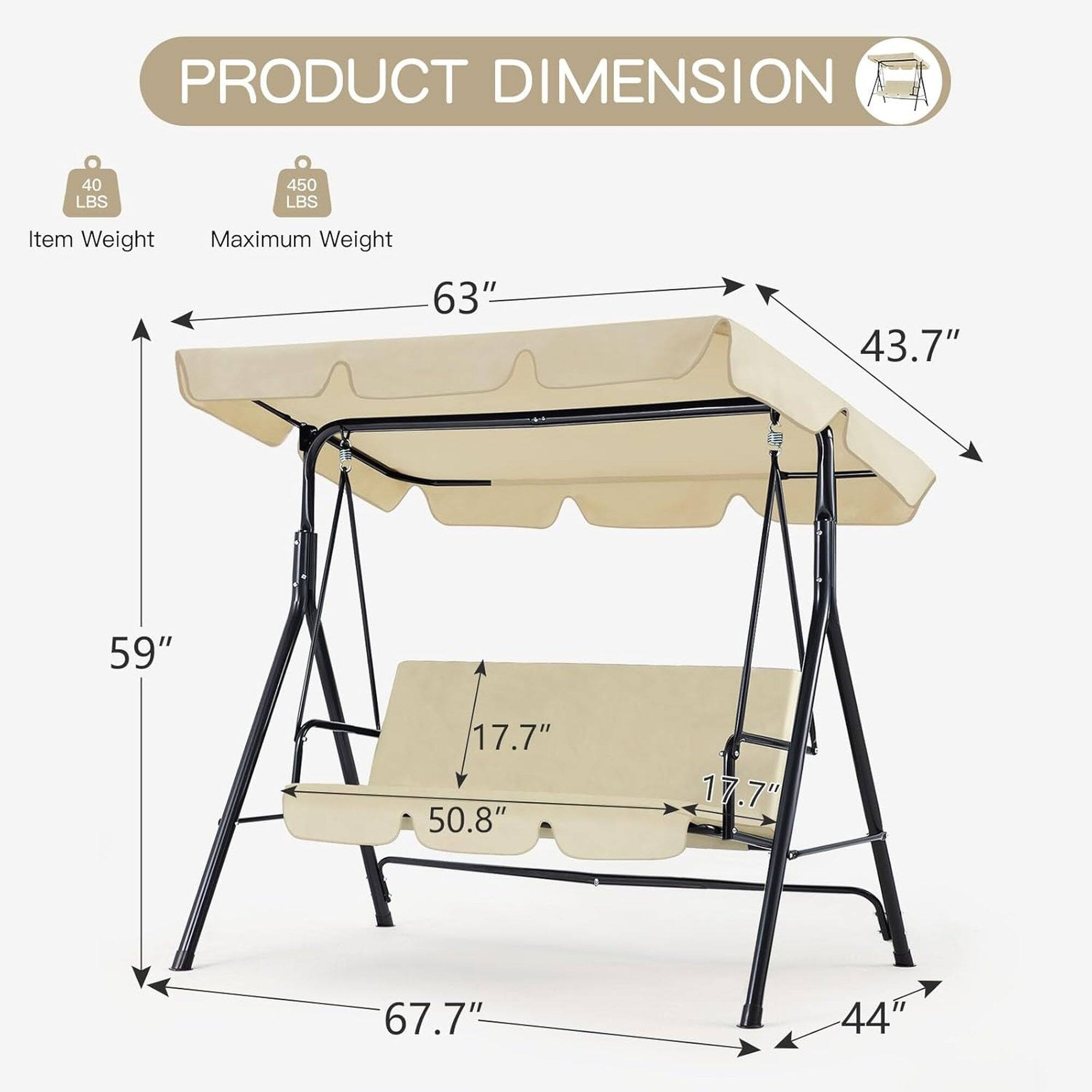 PRODUCT DIMENSION

Item Weight: 40 LBS  
Maximum Weight: 450 LBS  

Dimensions:  
- Length: 63"  
- Width: 43.7"  
- Height: 59"  
- Seat Height: 17.7"  
- Seat Width: 50.8"  
- Seat Depth: 17.7"  
- Overall Width: 67.7"  
- Overall Height: 44"