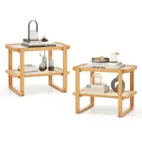 Costway 2 PCS Bamboo Side Table Rattan Shelf Glass Top Nightstand Small Sofa End Table - Natural - Front_Zoom