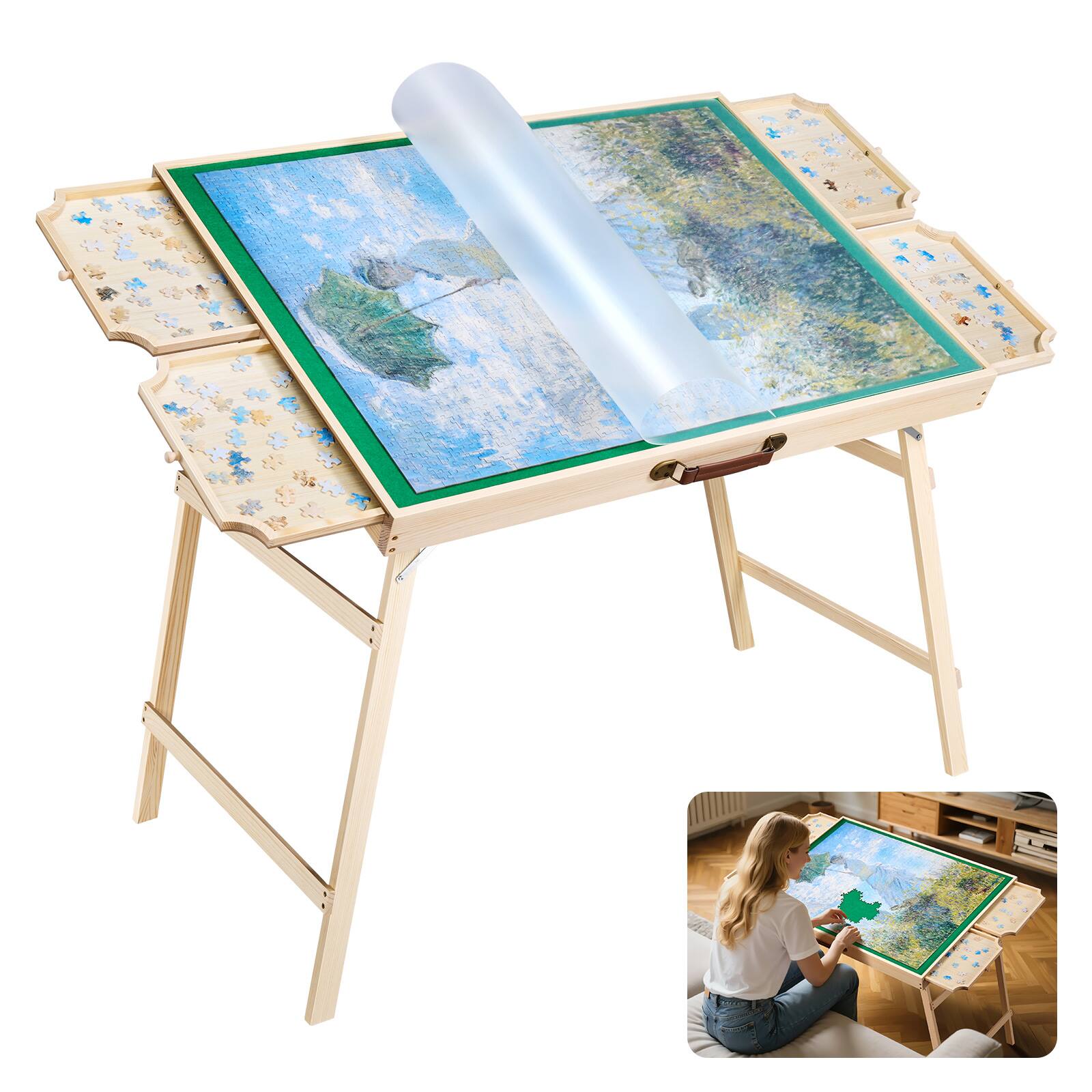 Front. VEVOR - 1500 Piece Puzzle Table with Folding Legs, 4 Drawers and Cover, 34x25 in Portable Wooden Board.