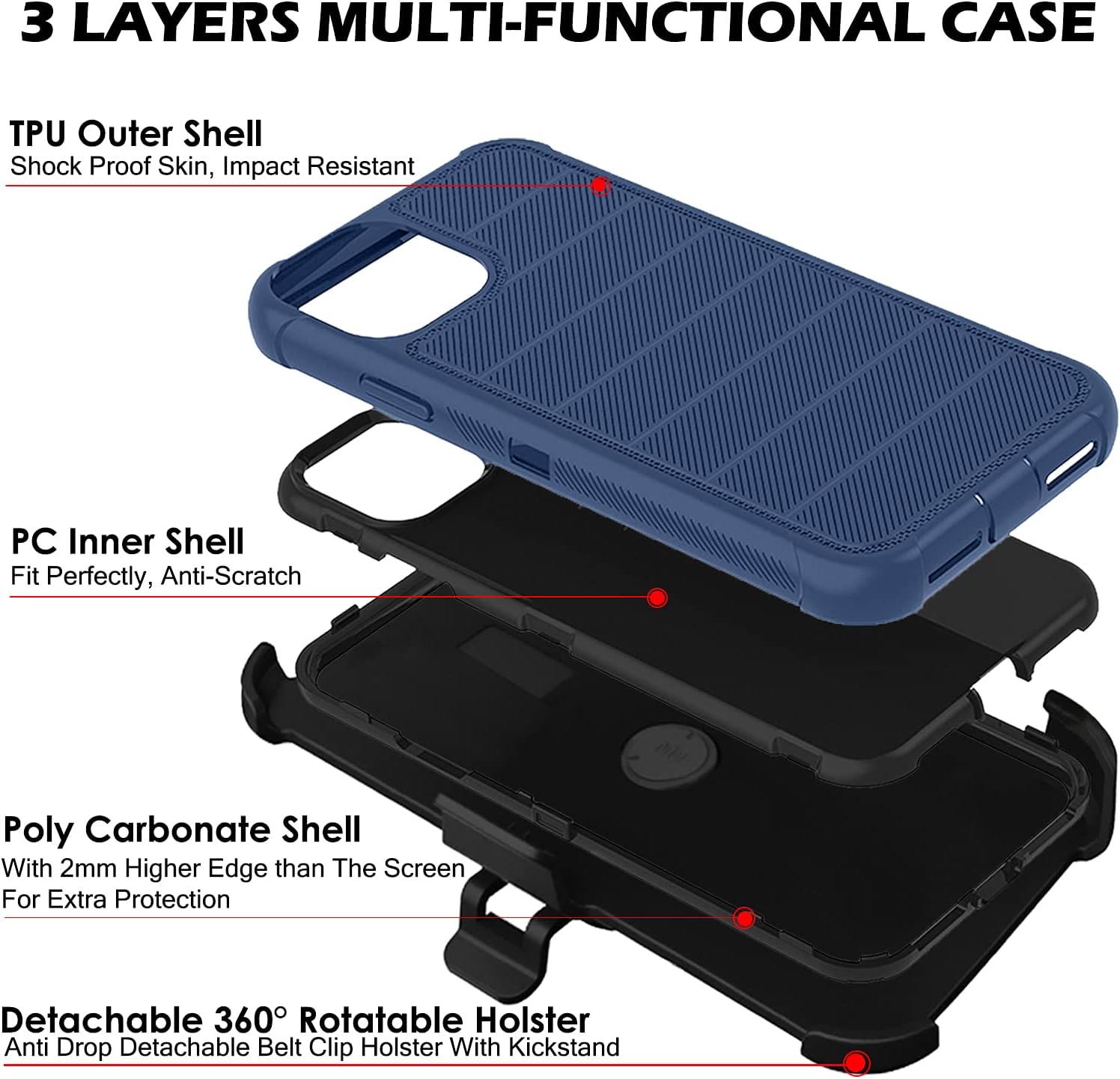 3 LAYERS MULTI-FUNCTIONAL CASE

TPU Outer Shell
Shock Proof Skin, Impact Resistant

PC Inner Shell
Fit Perfectly, Anti-Scratch

Poly Carbonate Shell
With 2mm Higher Edge than The Screen For Extra Protection

Detachable 360° Rotatable Holster
Anti Drop Detachable Belt Clip Holster With Kickstand