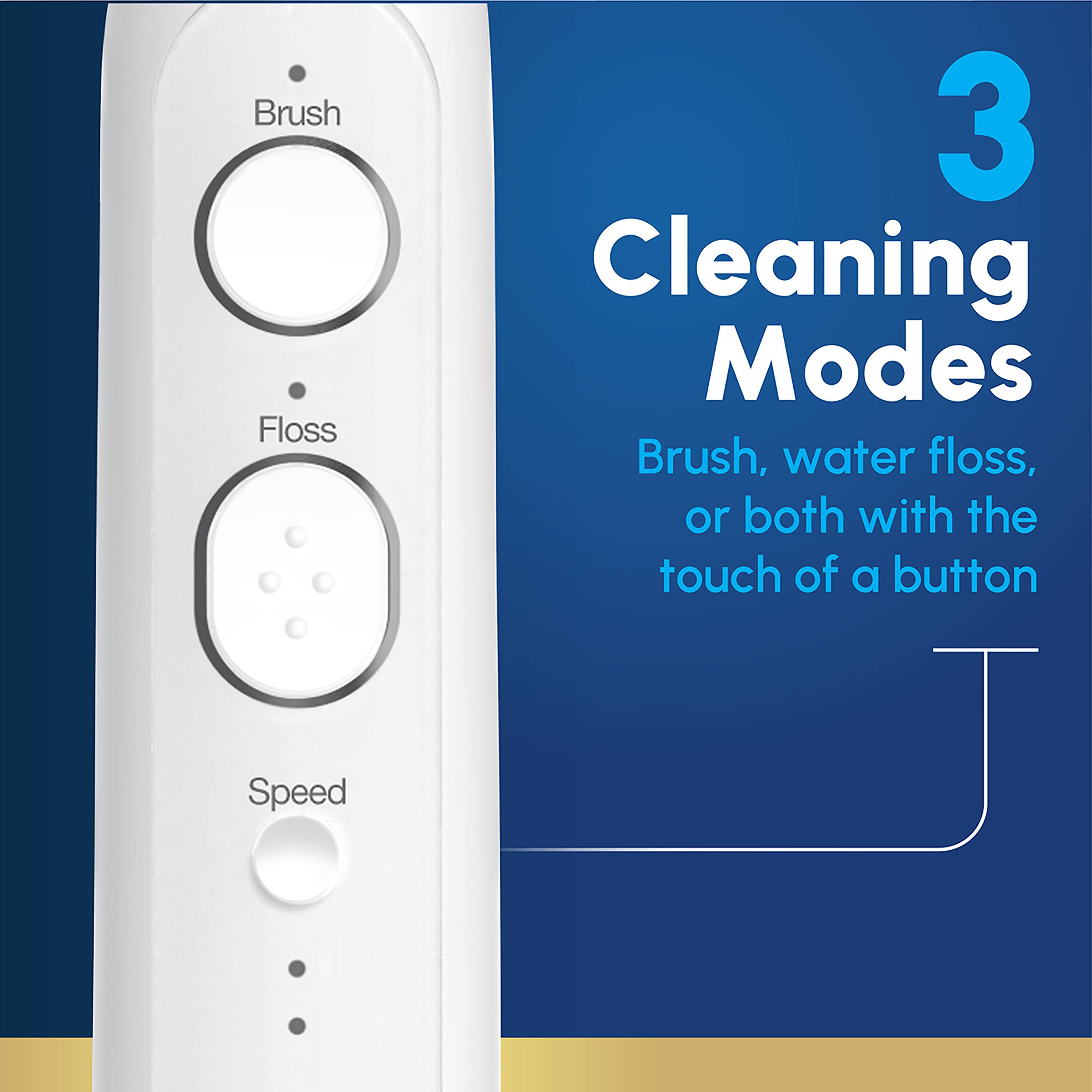3 Cleaning Modes, Brush, water floss, or both with the touch of a button, Speed