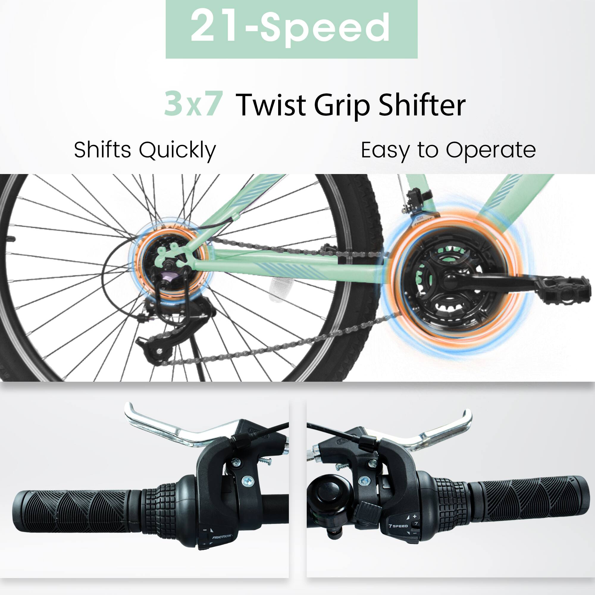 21-Speed  
3x7 Twist Grip Shifter  
Shifts Quickly  
Easy to Operate