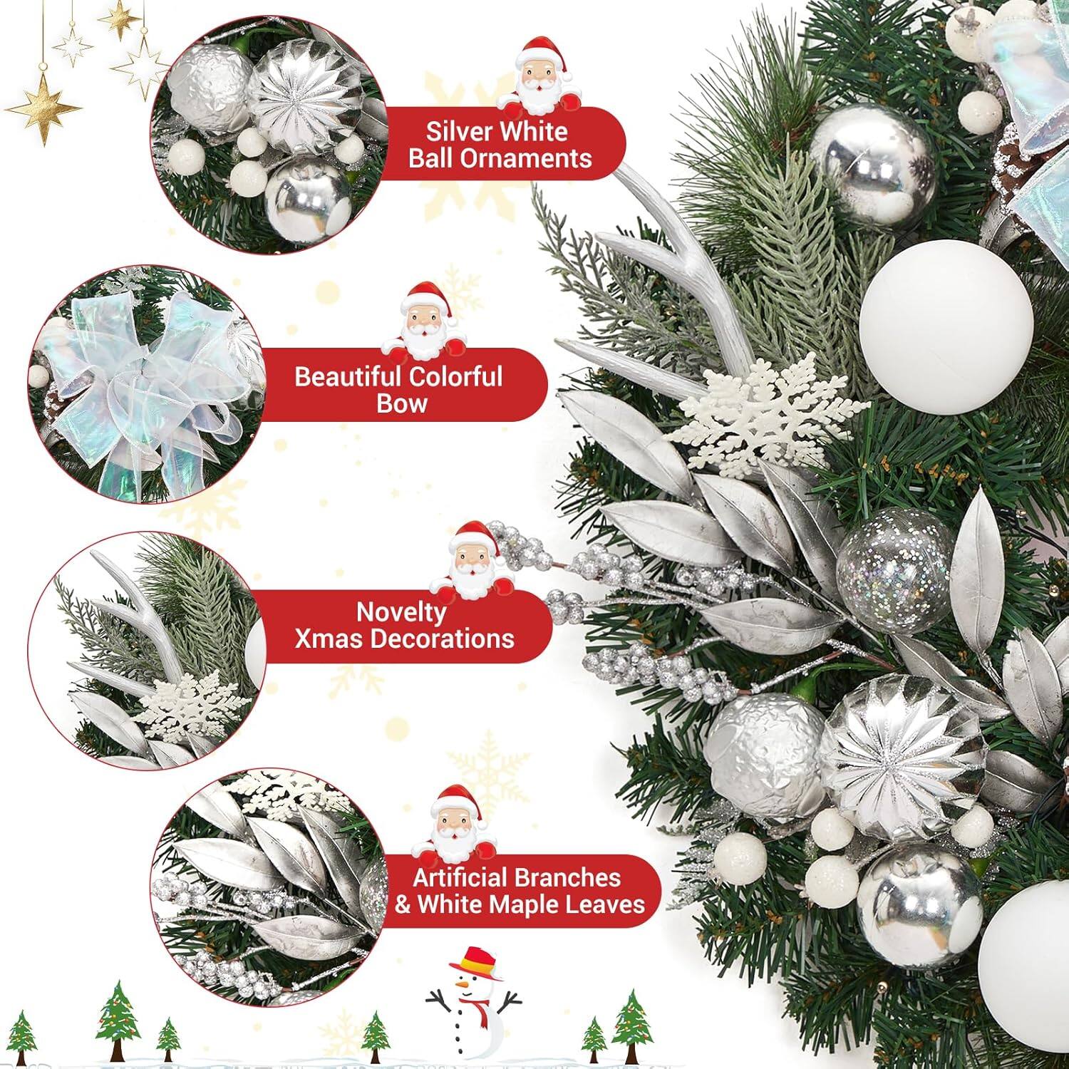 Silver White Ball Ornaments  
Beautiful Colorful Bow  
Novelty Xmas Decorations  
Artificial Branches & White Maple Leaves