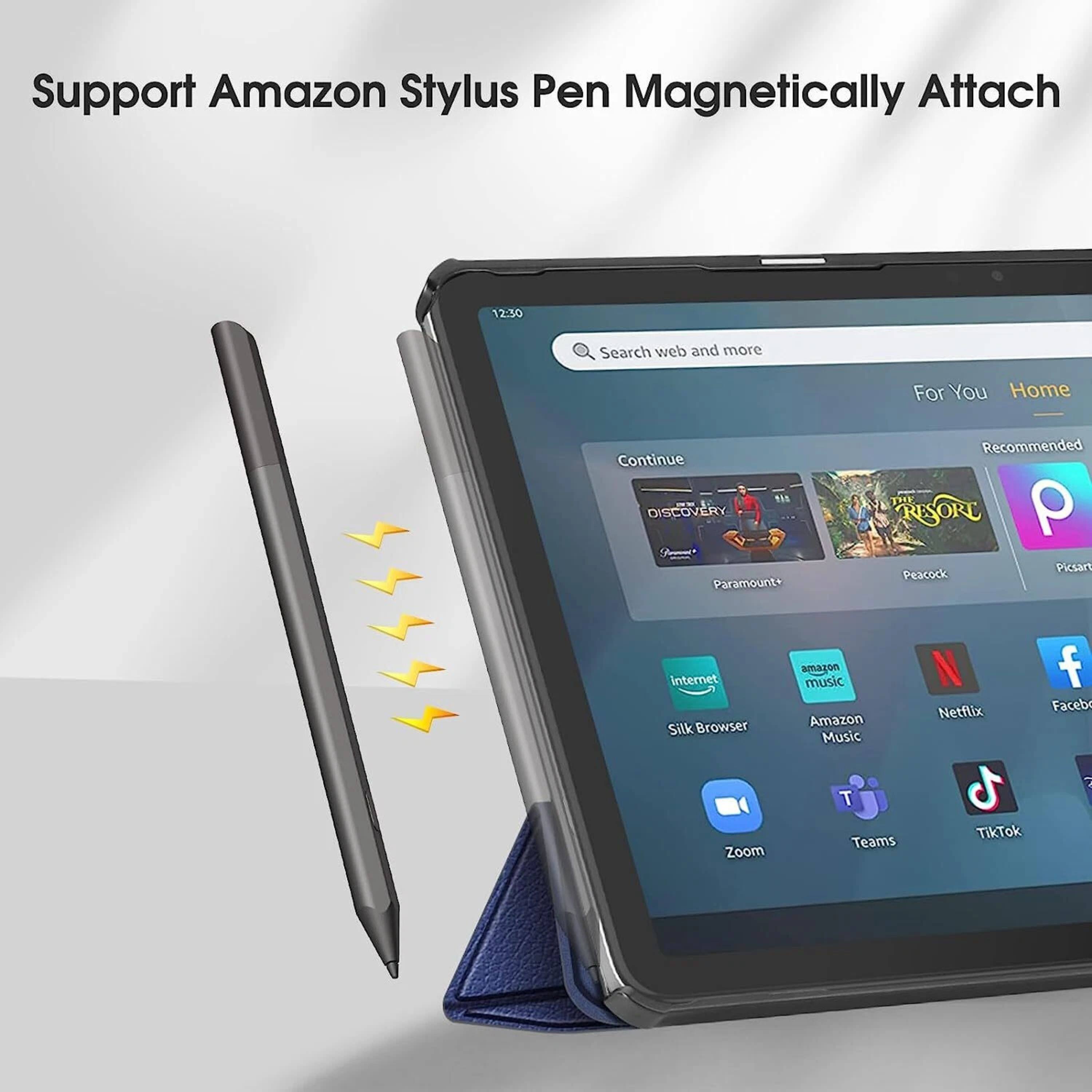 Support Amazon Stylus Pen Magnetically Attach

12:30

Search web and more

For You Home

Continue

Recommended

DISCOVERY

Paramount+

Peacock

P

Pisan

Peacock

Internet

Silk Browser

Amazon Music

Netflix

TikTok

Facebook

Zoom

Teams