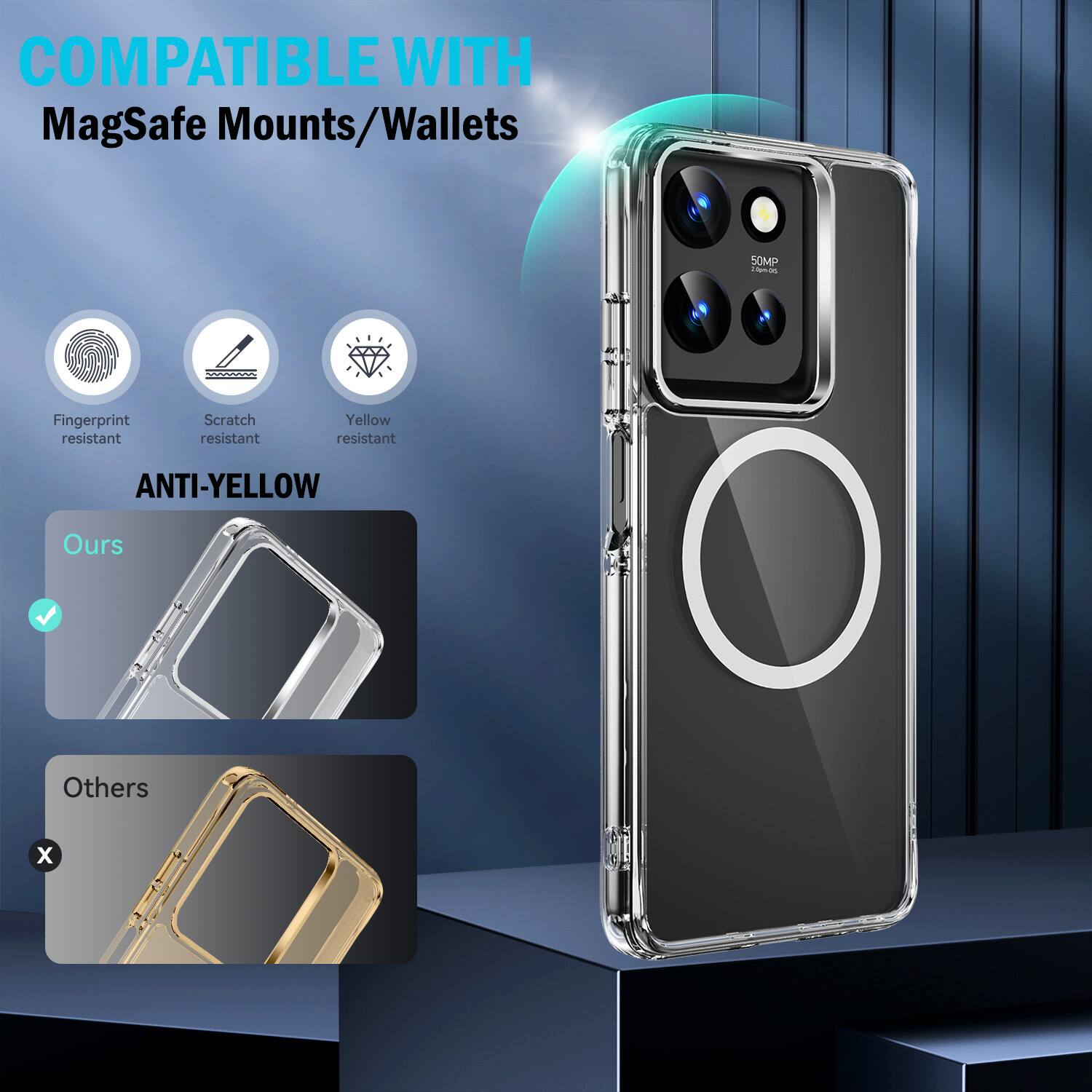 COMPATIBLE WITH MagSafe Mounts/Wallets

50MP Non/ES

Fingerprint resistant
Scratch resistant
Yellow resistant

ANTI-YELLOW

Ours
Others