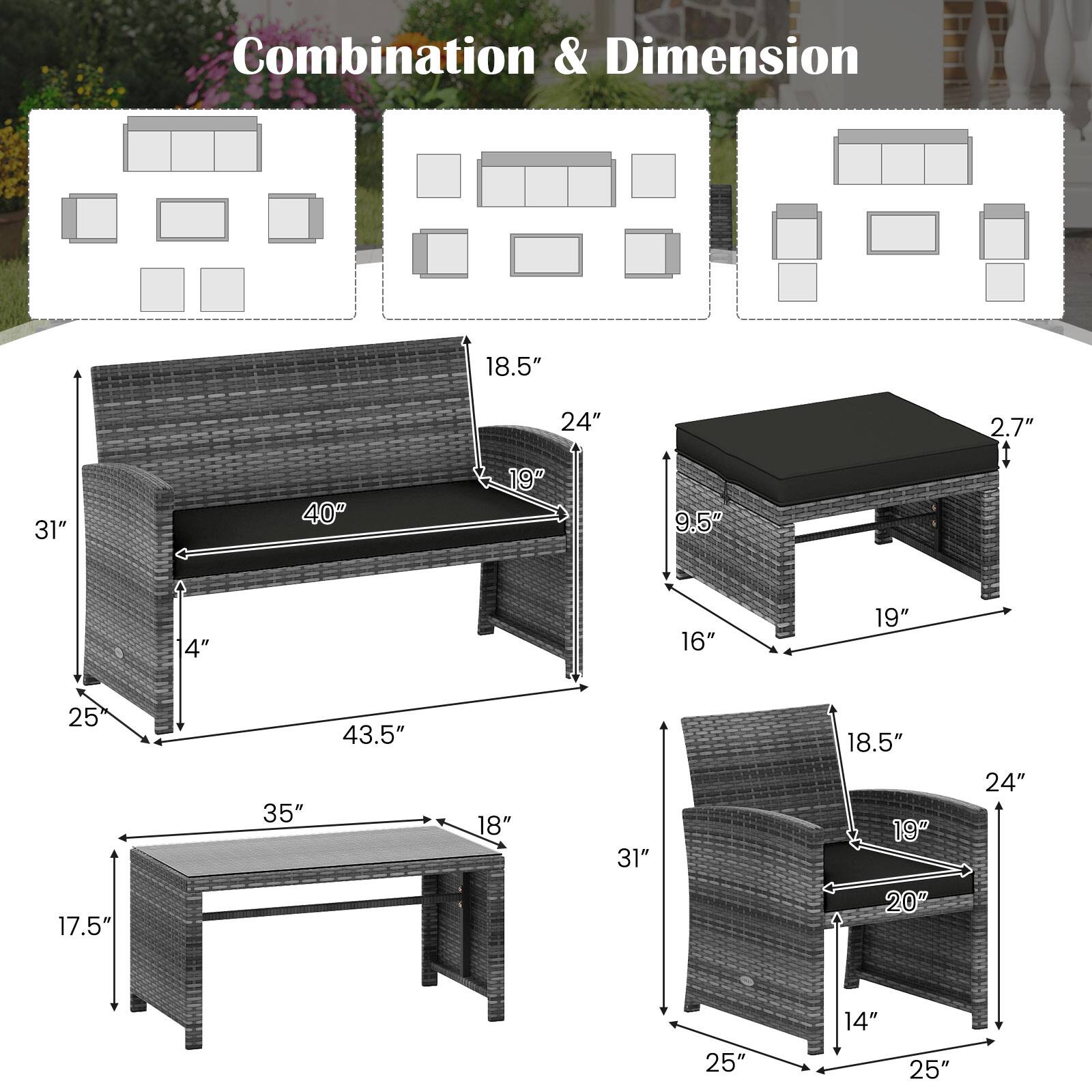 Combination & Dimension

18.5" 31" 40" 24" 19" 9.5" 2.7"  4" 16" 18" 35" 43.5" 17.5" 20" 24" 14" 25" 25"