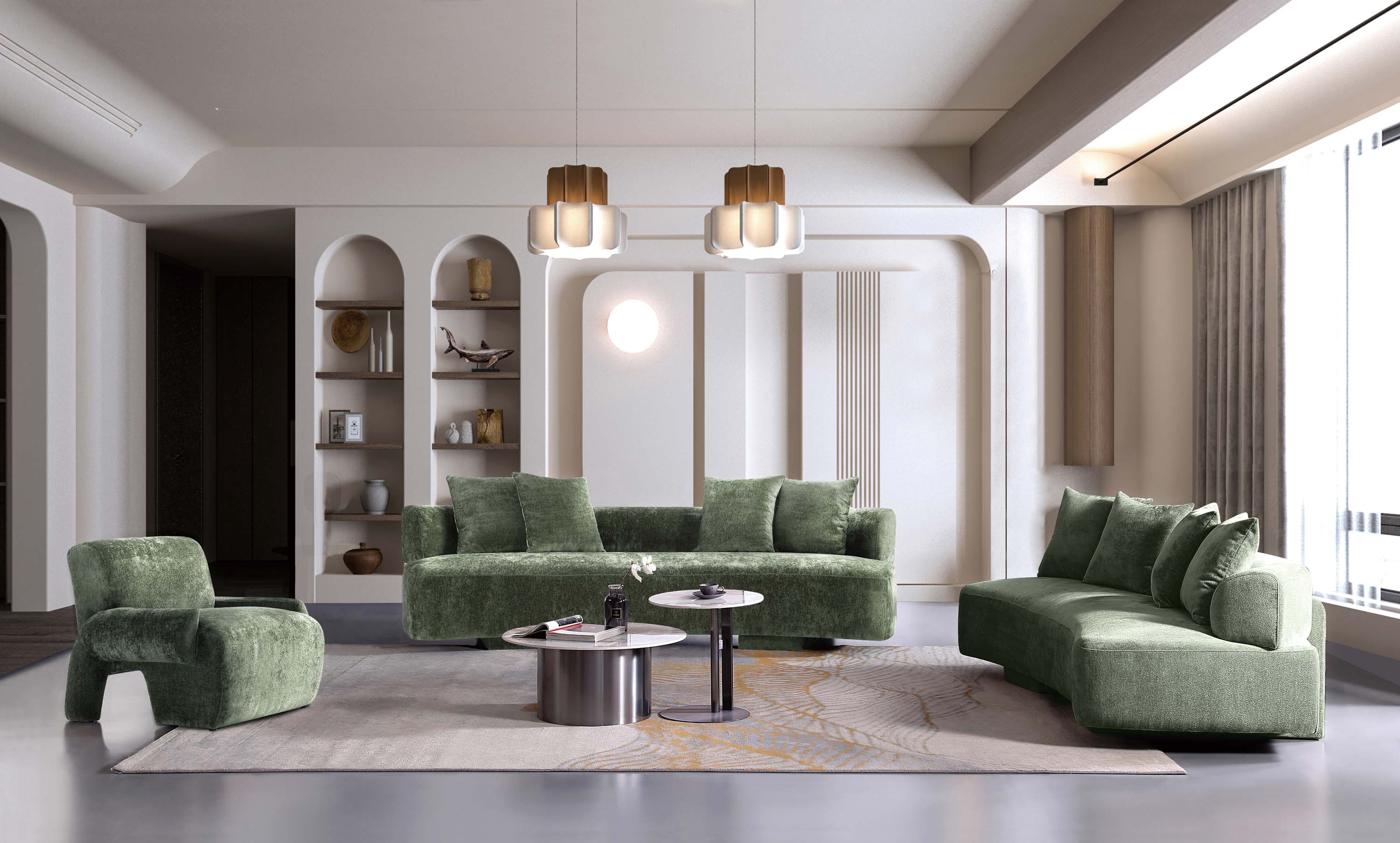 Angle. Manhattan Comfort - Verandah Mid-Century Modern 3-Piece Sofa Set - Olive Green.