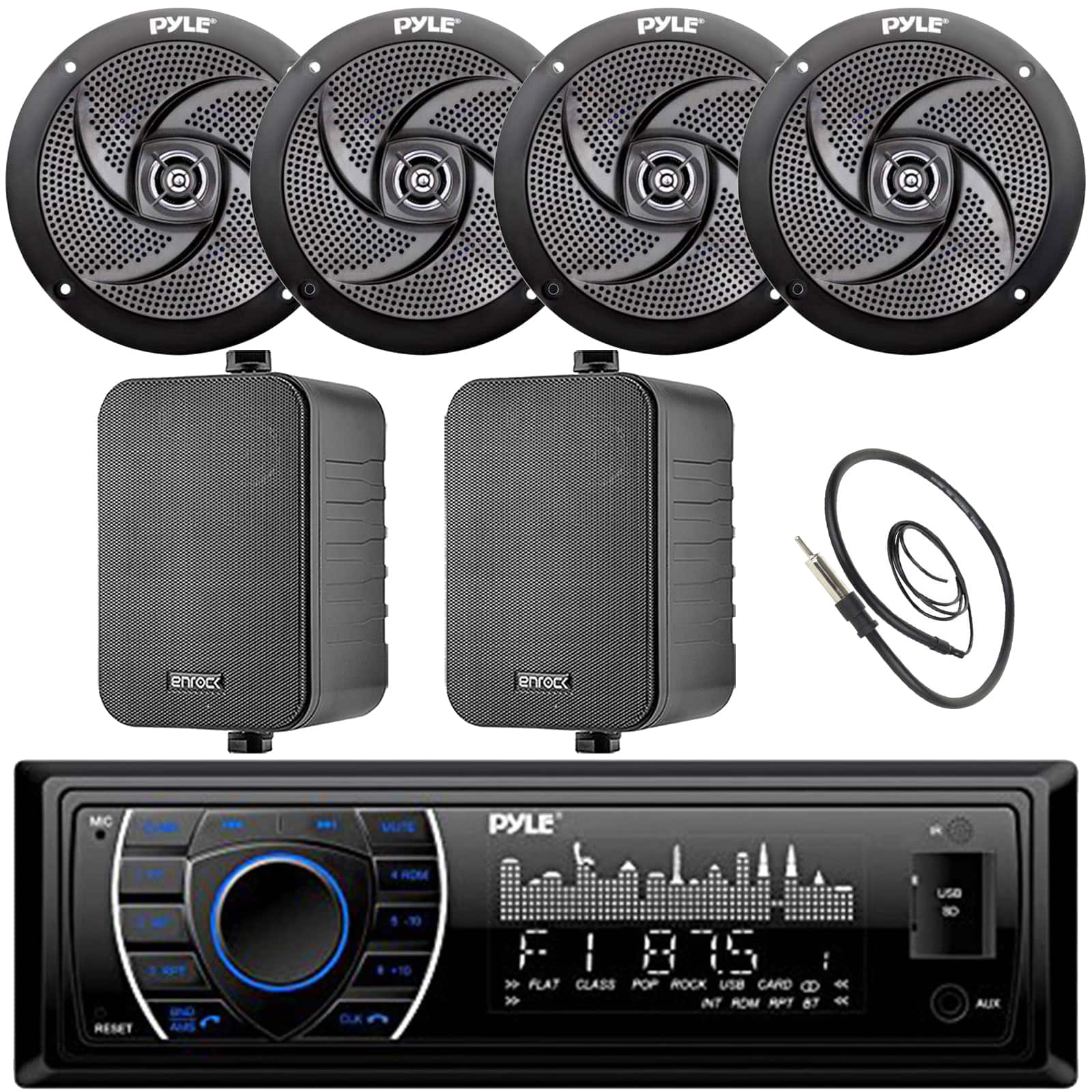 Pyle - PLRMR27BTB Single DIN BT Marine Stereo Receiver w/ Remote, 4x 5.25" Speakers, 2x 4" Speakers (Black), Antenna